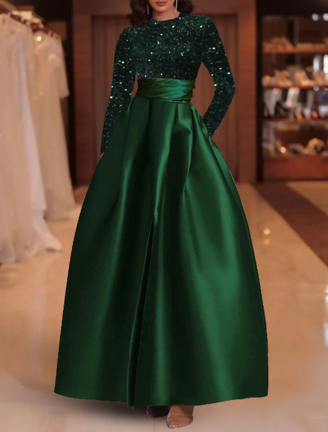 Wholesa A-Line Evening Gown Elegant Dress Red Green Dress Wedding Guest Floor Length Long Sleeve Jewel Neck Satin with Sequin