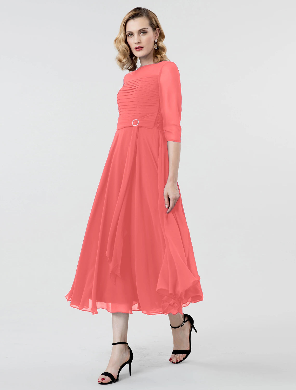 Wholesa A-Line Elegant Formal Evening Wedding Party Dress Boat Neck 3/4 Length Sleeve Tea Length Georgette with Ruched Crystal Brooch 2022 / Illusion Sleeve