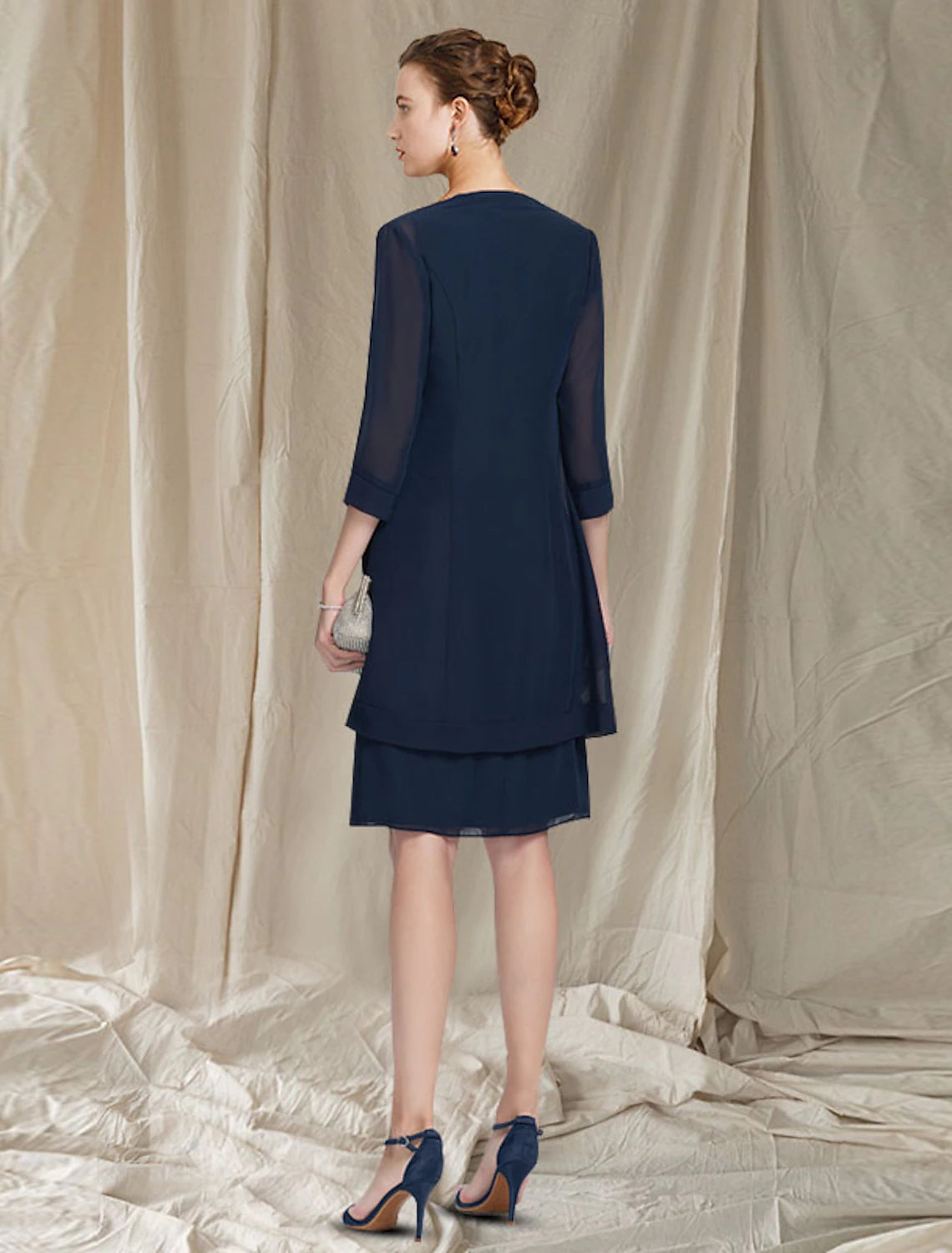 wholesale  Two Piece Sheath / Column Mother of the Bride Dress Elegant Jewel Neck Knee Length Chiffon Sleeveless Jacket Dresses with Beading Sequin