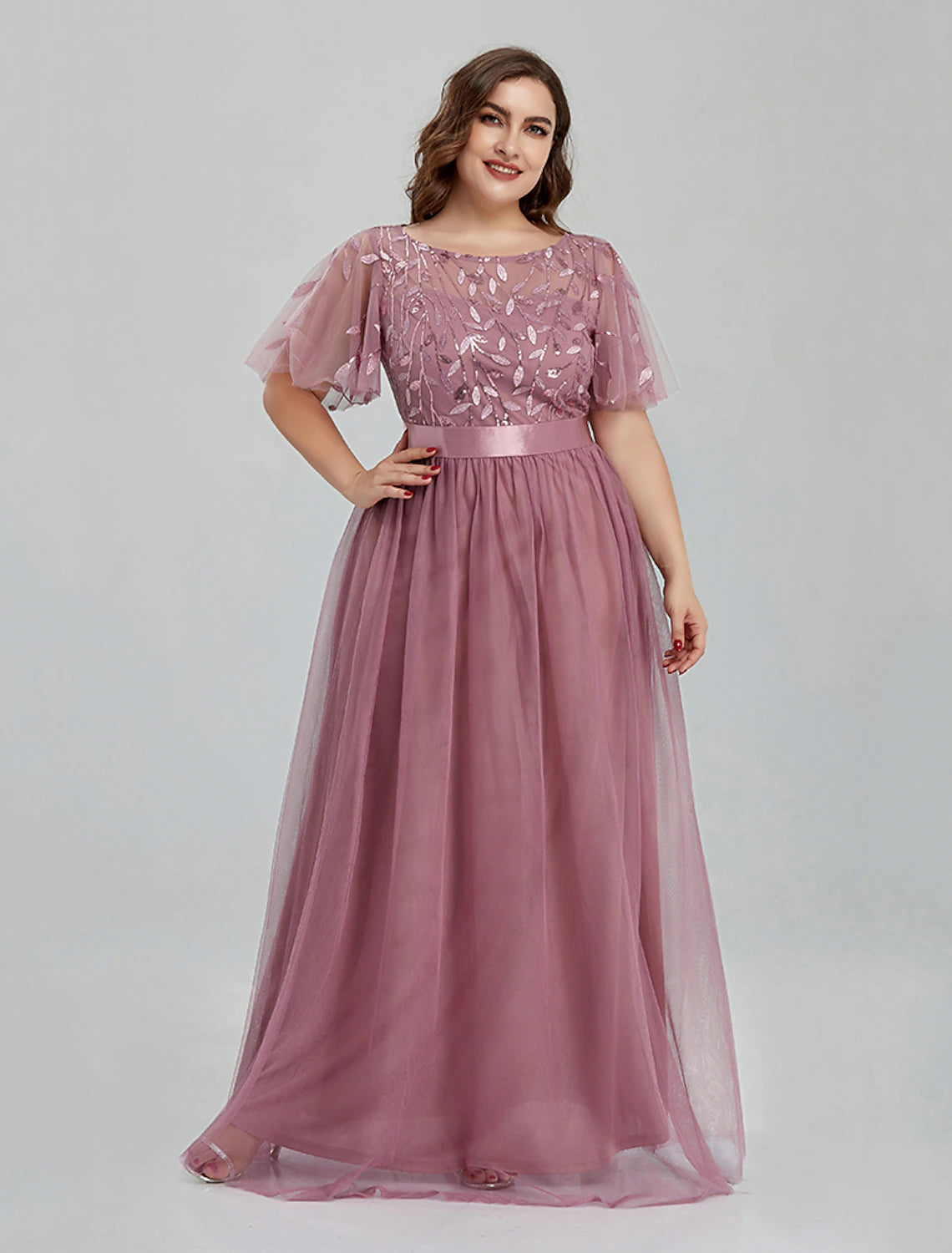 wholesa A-Line Prom Dresses Floral Dress Party Wear Quinceanera Floor Length Short Sleeve Jewel Neck Bridesmaid Dress Tulle with Embroidery Splicing