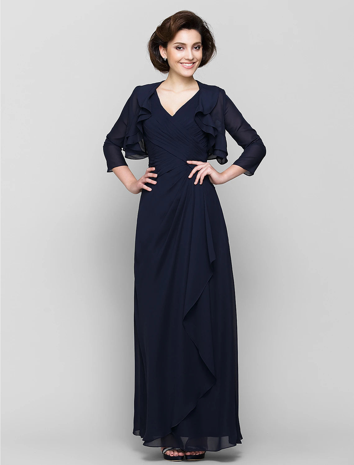 wholesale  Sheath / Column Mother of the Bride Dress Convertible Dress V Neck Floor Length Chiffon 3/4 Length Sleeve with Criss Cross Cascading Ruffles