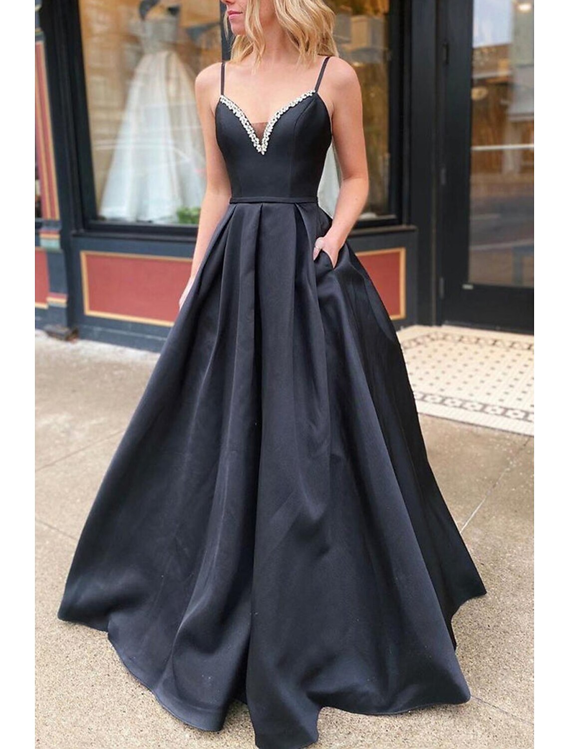 wholesale  A-Line Prom Dresses Open Back Dress Formal Wedding Guest Floor Length Sleeveless V Neck Pocket Stretch Satin Backless with Pleats Beading Pocket