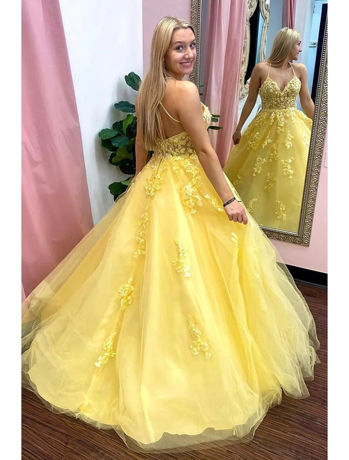 Wholesa Ball Gown Prom Dresses Princess Dress Formal Floor Length Sleeveless V Neck Tulle Backless with Pleats Appliques