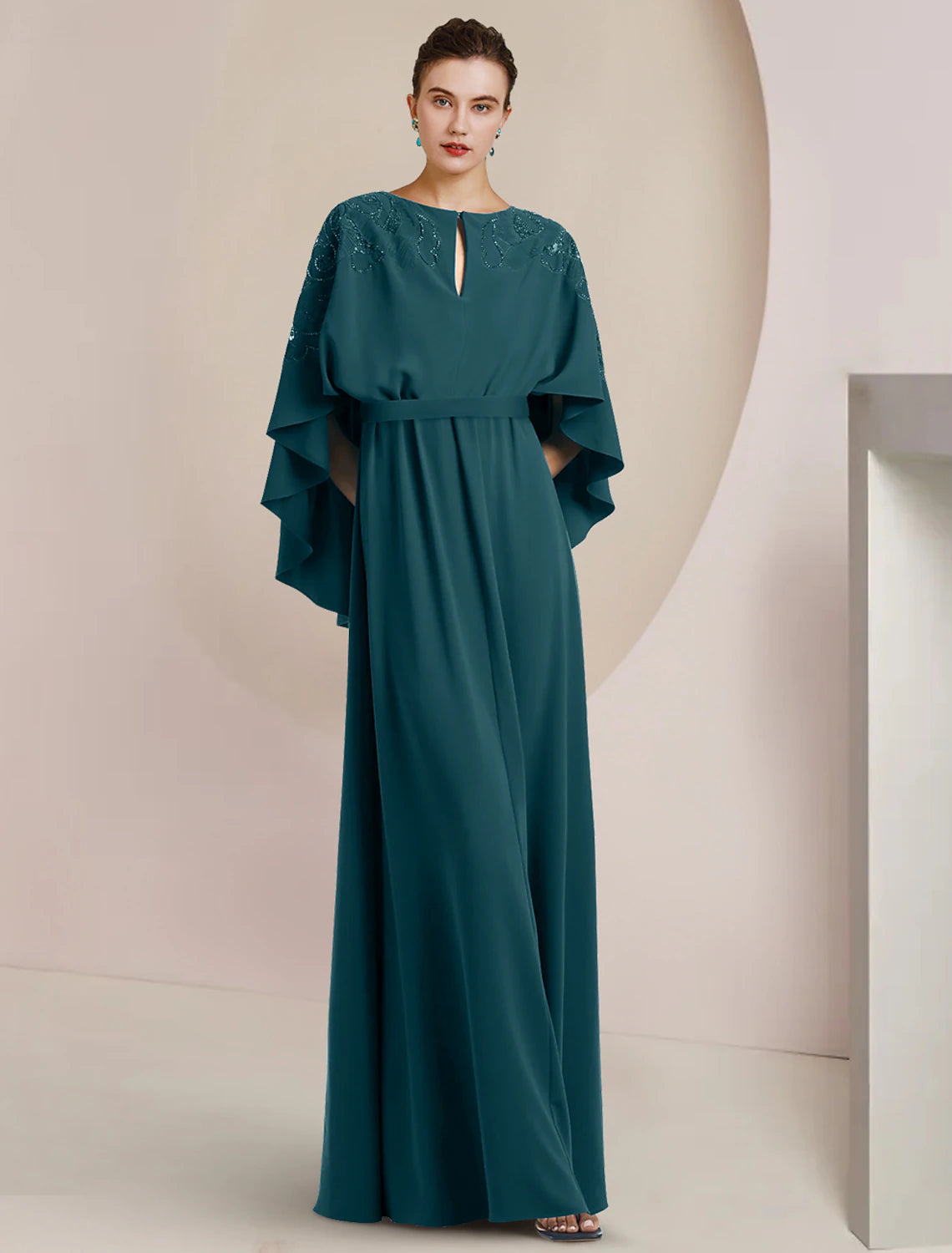 wholesale  A-Line Mother of the Bride Dress Formal Wedding Guest Elegant V Neck Floor Length Stretch Chiffon Sleeveless with Beading