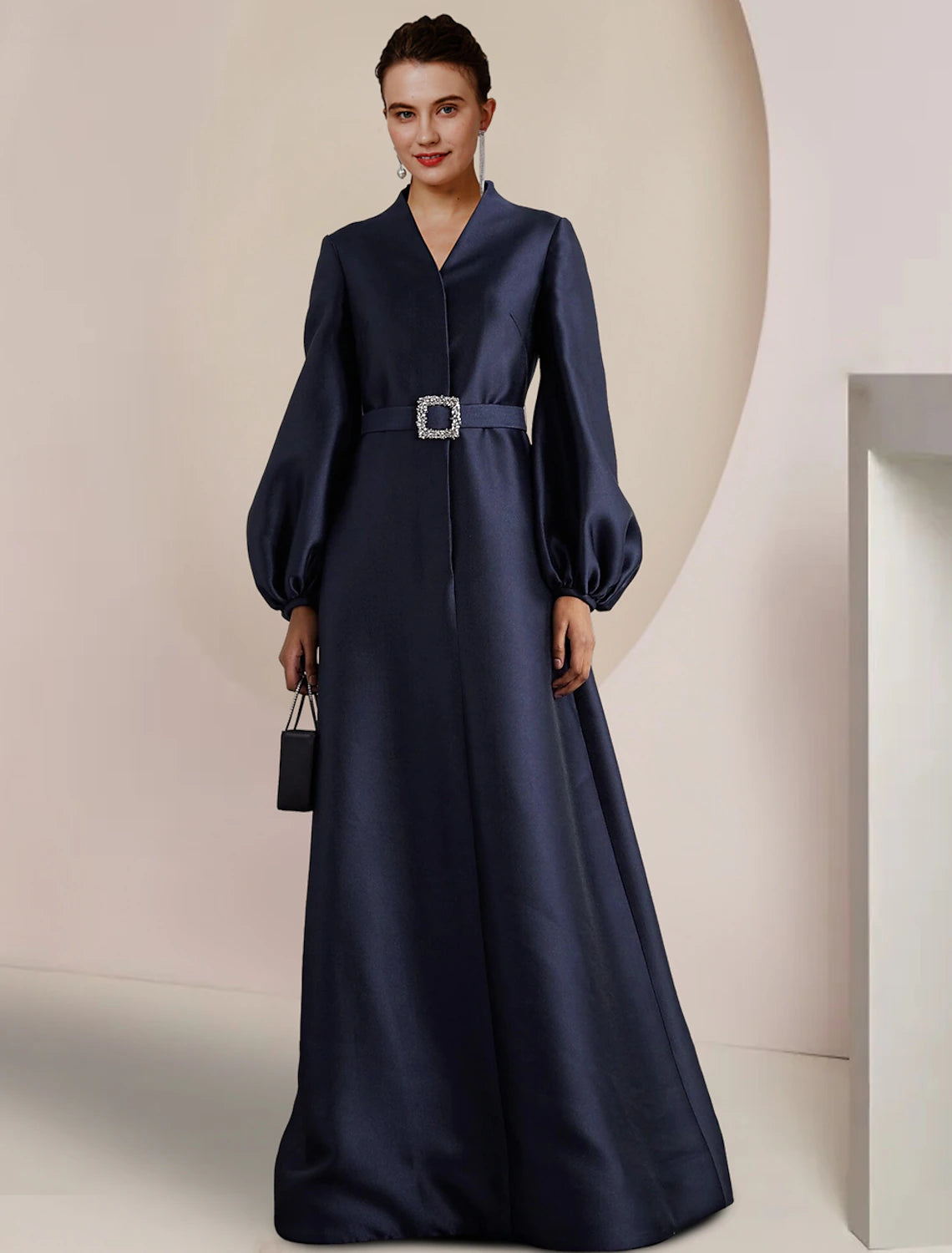 wholesale  A-Line Mother of the Bride Dress Wedding Guest Party Elegant V Neck Floor Length Satin Long Sleeve with Pearls Crystal Brooch