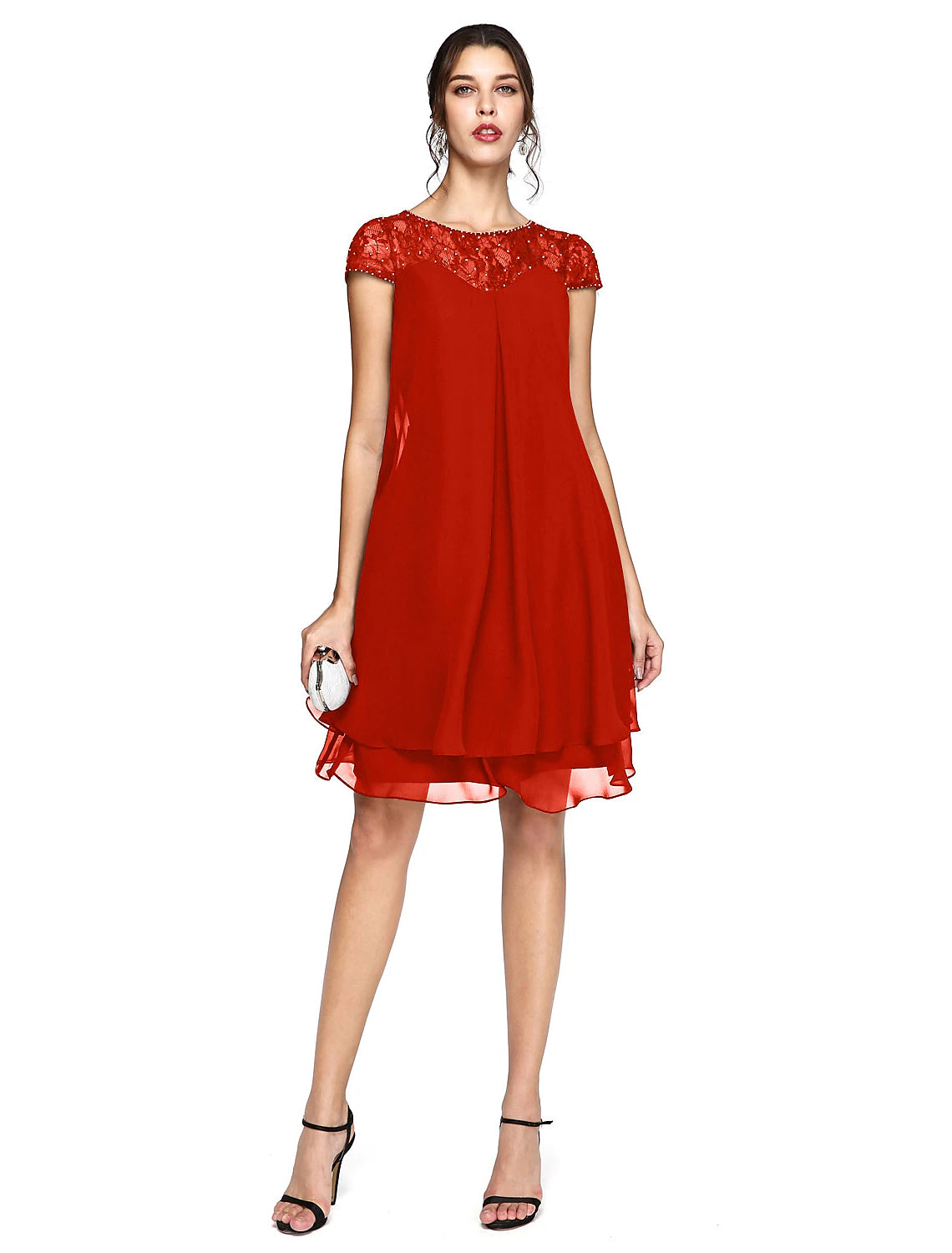 wholesale  A-Line Mother of the Bride Dress Plus Size Elegant Illusion Neck Knee Length Chiffon Lace Short Sleeve with Sequin