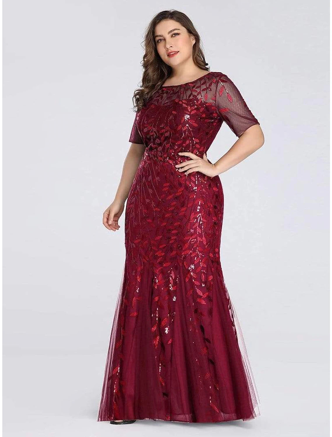 wholesa Mermaid / Trumpet Empire Elegant Party Wear Formal Evening Dress Jewel Neck Short Sleeve Floor Length Tulle with Embroidery / Illusion Sleeve