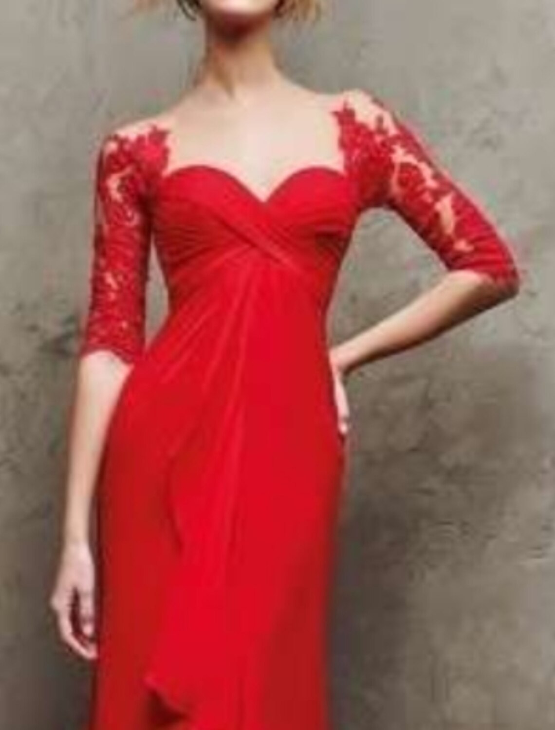 Wholesa  Sheath Christmas Red Green Dress Elegant Formal Evening Dress Sweetheart Neckline Half Sleeve Floor Length Chiffon with Ruffles Lace Insert