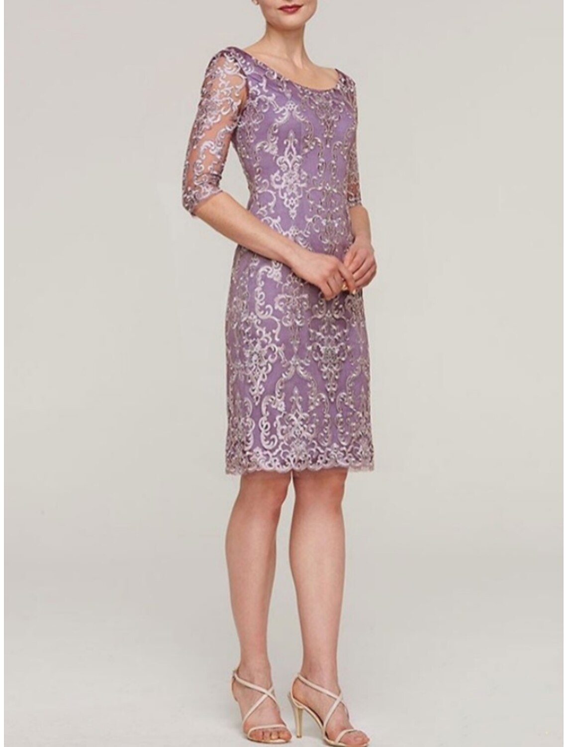 Wholesa  Two Piece Sheath / Column Mother of the Bride Dress Wedding Guest Elegant Petite Scoop Neck Knee Length Chiffon Half Sleeve with Lace Ruching