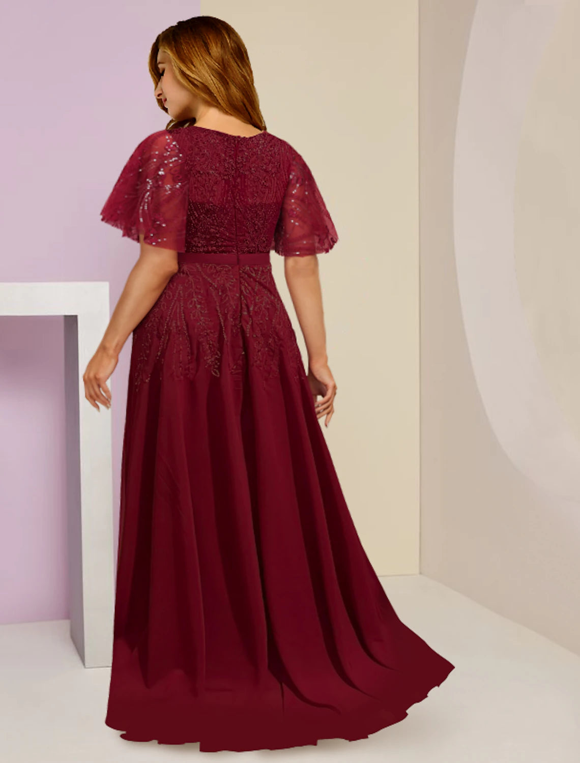 wholesale  Mother of the Bride Dresses Plus Size Curve Hide Belly Wedding Guest Elegant Sparkle & Shine V Neck Floor Length Chiffon Lace Sequined Short Sleeve with Pleats Split Front