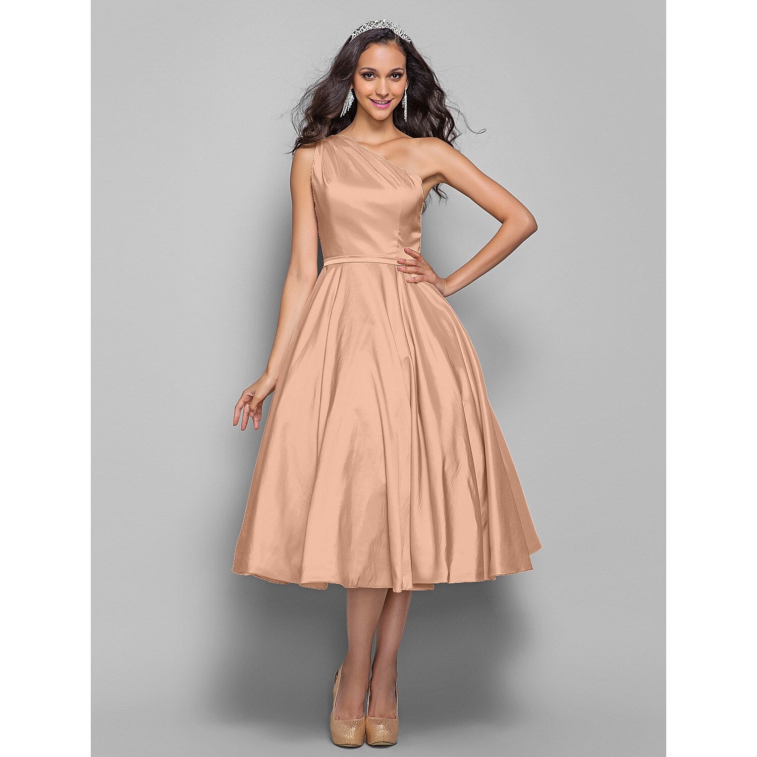 wholesale  A-Line Minimalist Elegant Cocktail Party Wedding Party Dress One Shoulder Sleeveless Tea Length Taffeta with Sash / Ribbon