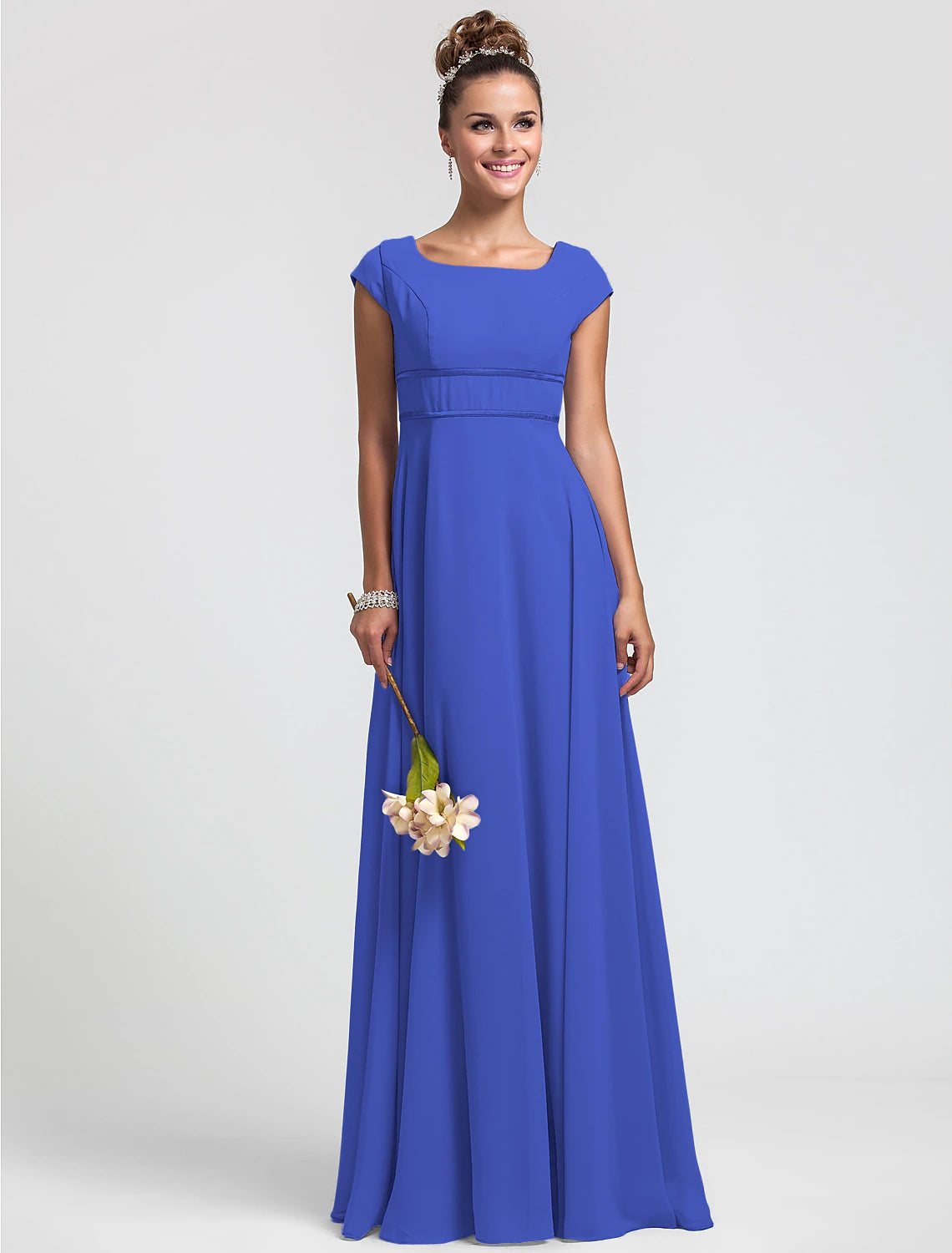 Wholesa  Sheath / Column Bridesmaid Dress Square Neck Short Sleeve Elegant Floor Length Chiffon with Sash / Ribbon / Pleats