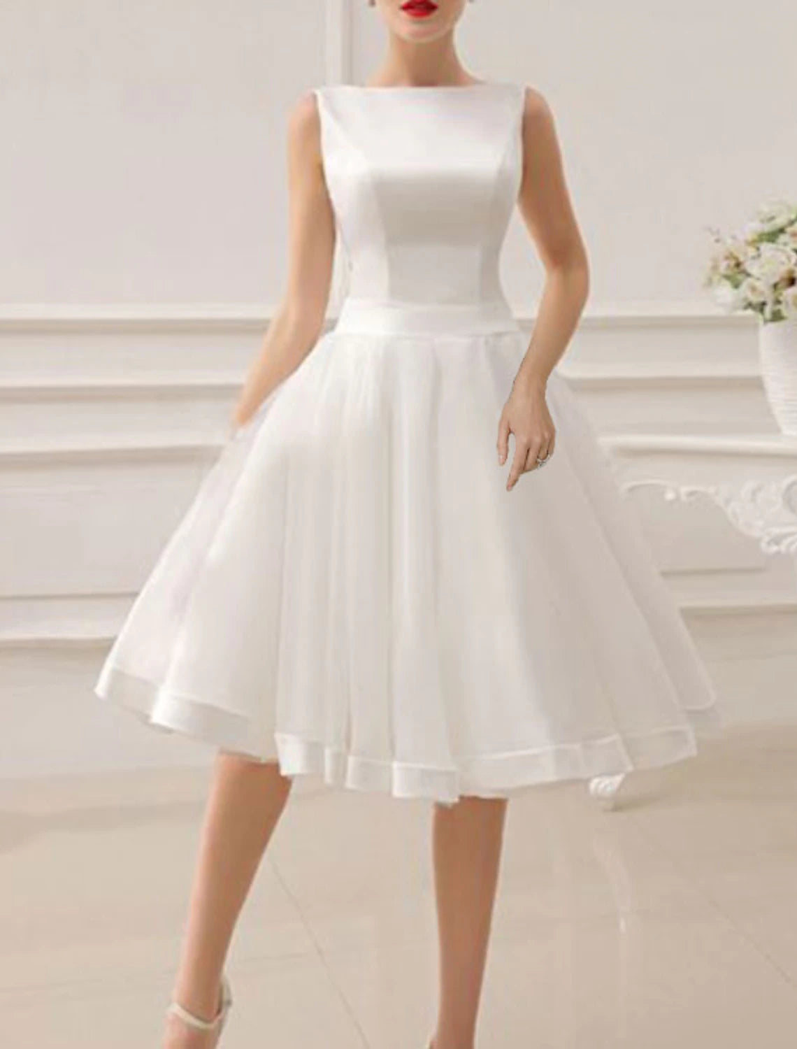 Wholesa Reception Vintage 1940s / 1950s Little White Dresses Wedding Dresses A-Line Scoop Neck Sleeveless Knee Length Satin Bridal Gowns With Bow(s)