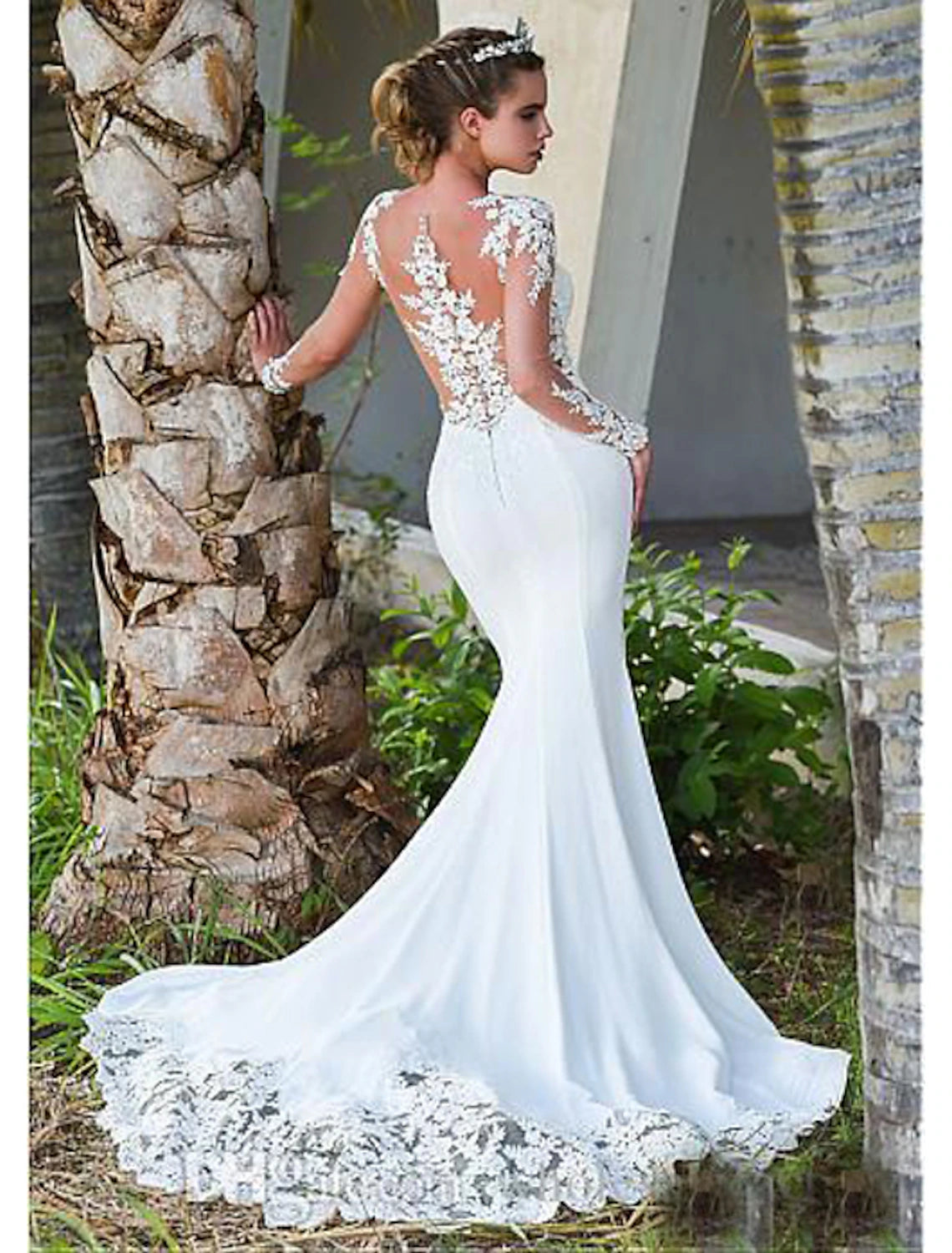wholesale  Engagement Open Back Formal Fall Wedding Dresses Mermaid / Trumpet Illusion Neck Long Sleeve Court Train Lace Bridal Gowns With Appliques Summer Wedding Party