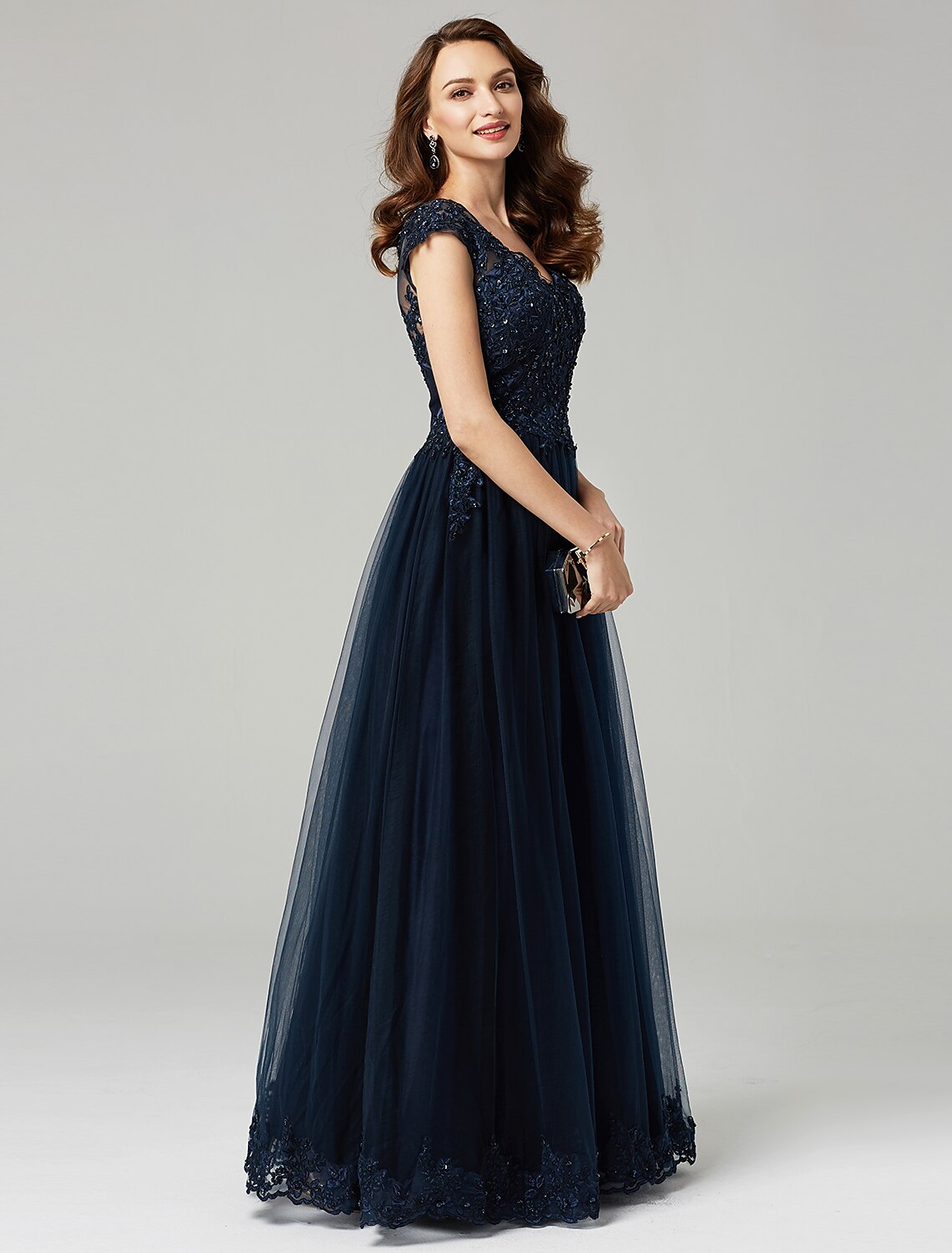 Wholesa A-Line Little Black Dress Dress Wedding Guest Prom Floor Length Sleeveless V Neck Tulle with Appliques