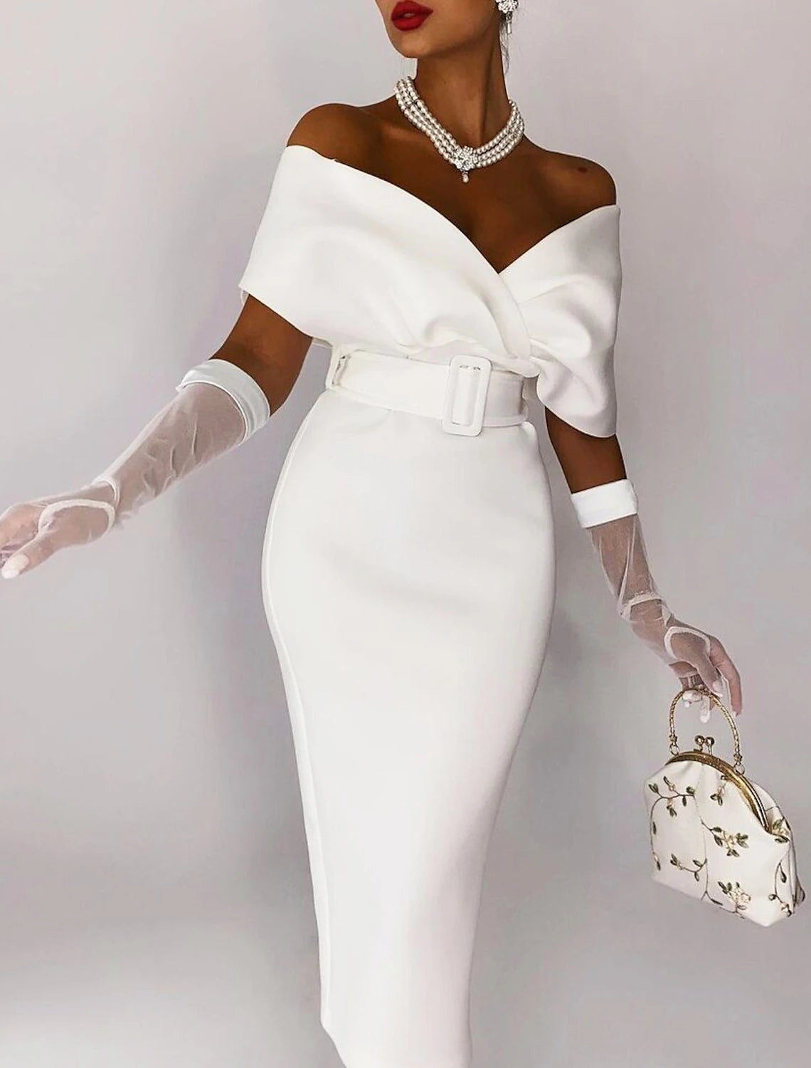 Wholesa Sheath / Column Cocktail Dresses Elegant Dress Wedding Guest Party Wear Tea Length Sleeveless Off Shoulder Stretch Fabric with Sash / Ribbon