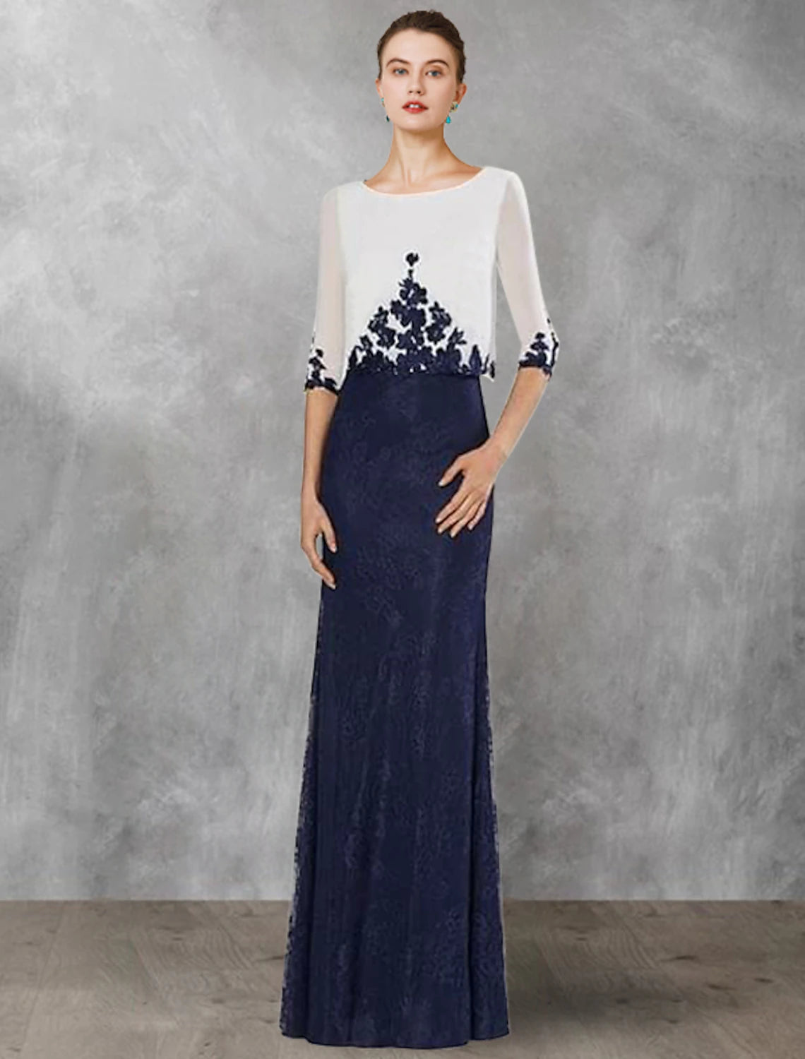 wholesale  Two Piece Sheath / Column Mother of the Bride Dress Wedding Guest Vintage Elegant Jewel Neck Floor Length Chiffon Lace Half Sleeve with Appliques Color Block