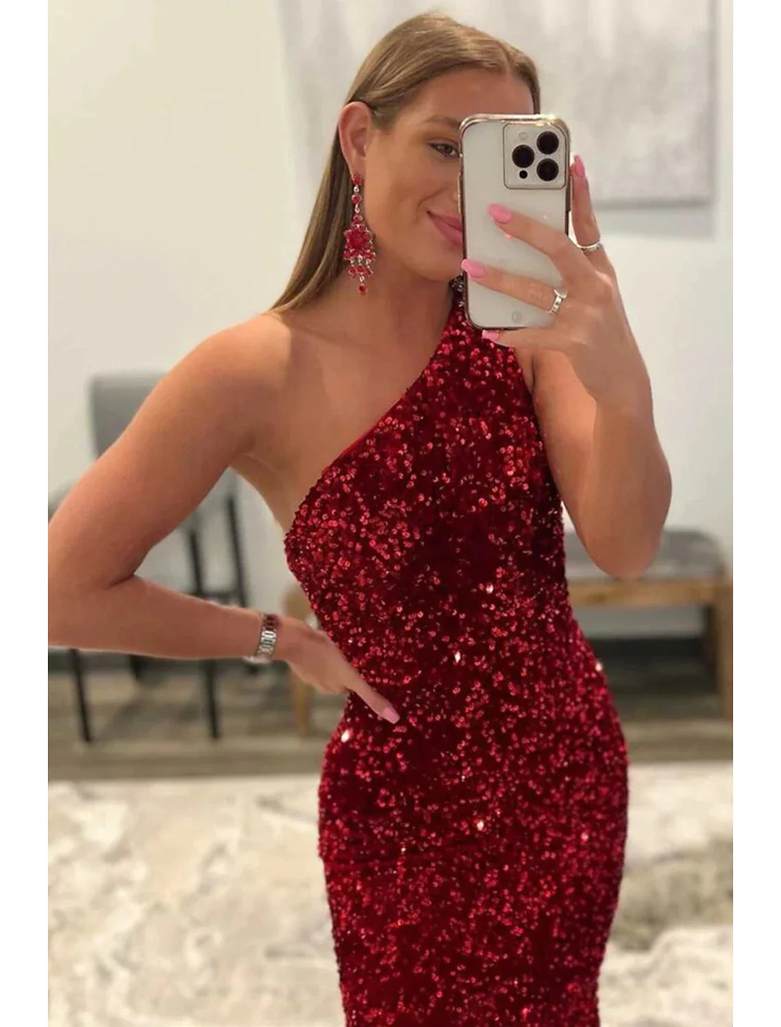 Wholesa Mermaid / Trumpet Prom Dresses Sexy Dress Formal Floor Length Sleeveless One Shoulder Sequined Backless with Sequin