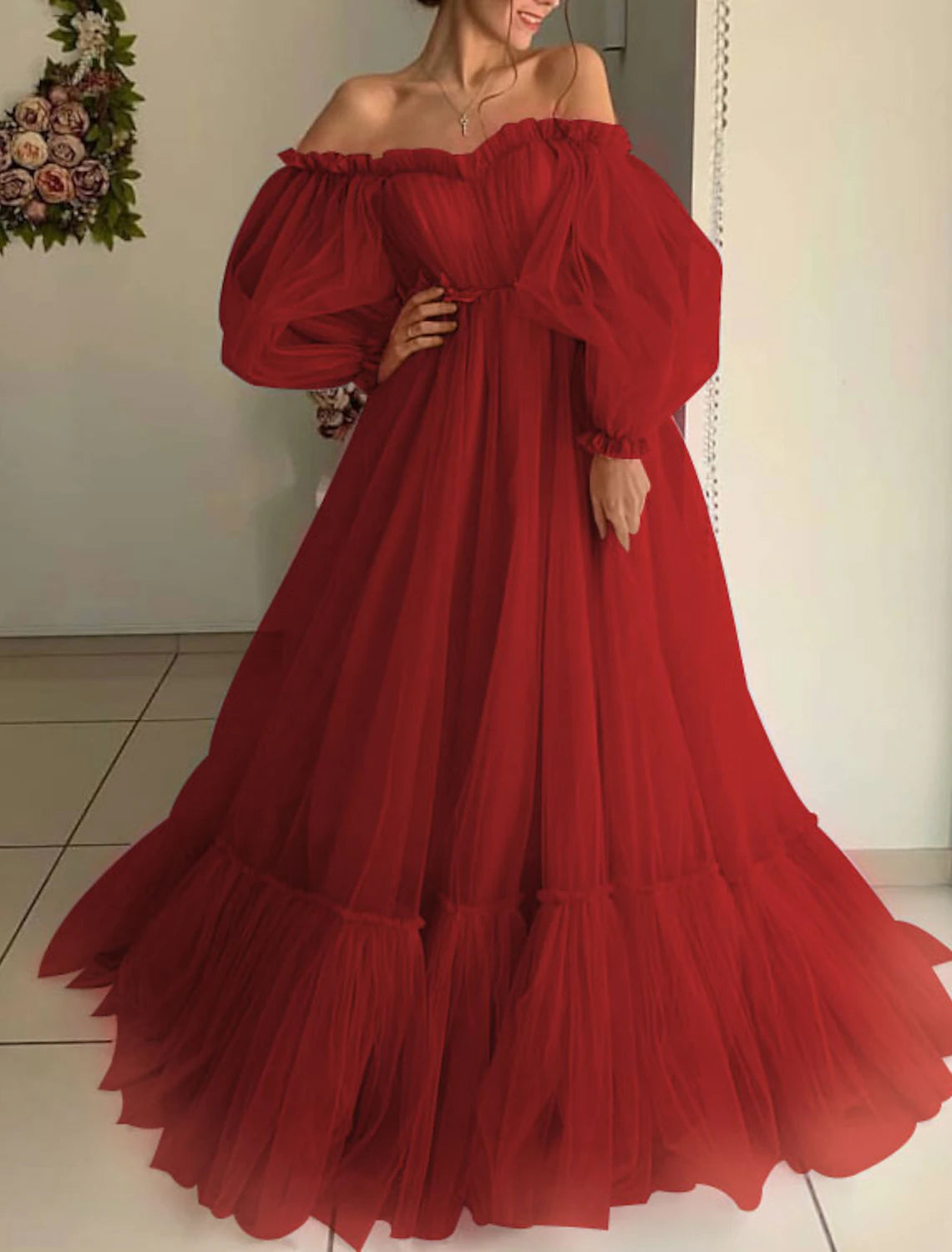 wholesa A-Line Minimalist Elegant Engagement Prom Dress Off Shoulder Long Sleeve Floor Length Tulle with Pleats Appliques
