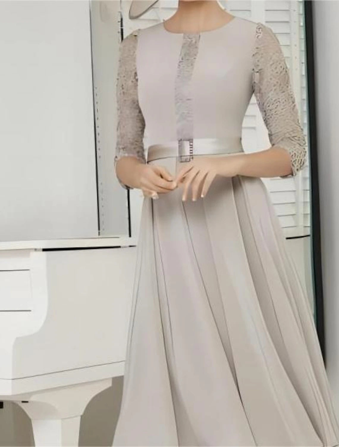 Wholesa  A-Line Mother of the Bride Dress Formal Wedding Guest Elegant Jewel Neck Tea Length Chiffon Lace 3/4 Length Sleeve with Sash / Ribbon Solid Color