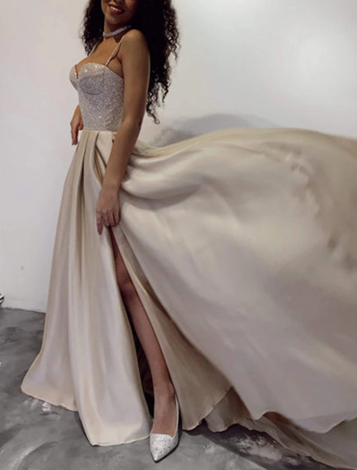 Wholesa A-Line Prom Dresses Glittering Dress Wedding Guest Wedding Party Court Train Sleeveless Spaghetti Strap Tulle with Sequin