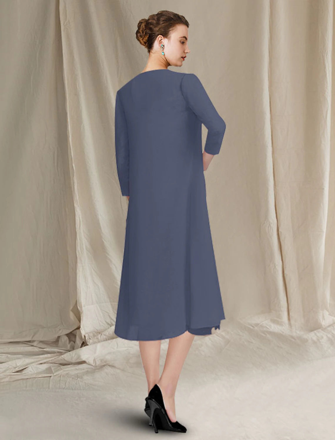 wholesale  Two Piece A-Line Mother of the Bride Dress Plus Size Elegant Jewel Neck Tea Length Chiffon Lace Half Sleeve Jacket Dresses with Crystals Appliques