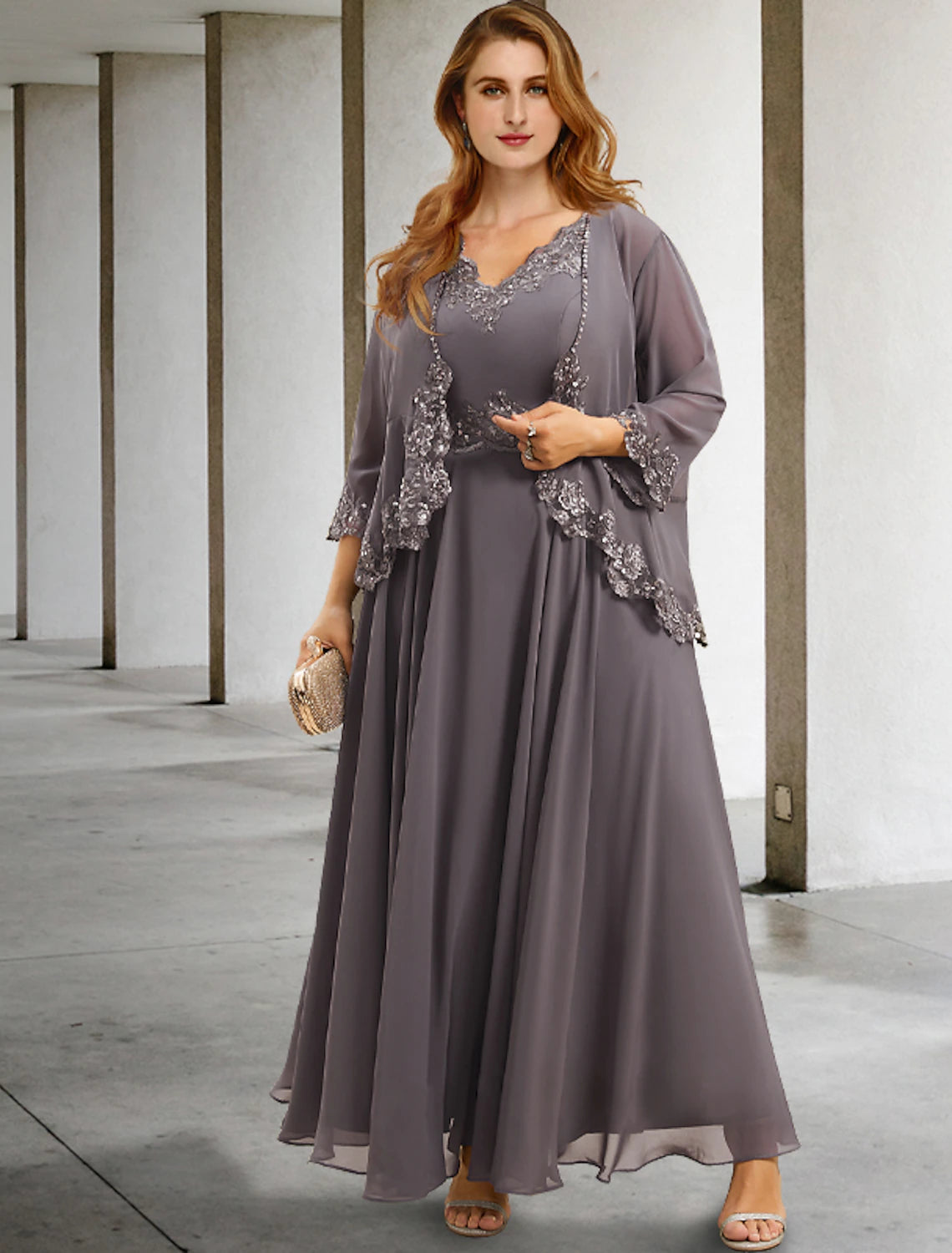 wholesale  Two Piece A-Line Wedding Guest Dresses Plus Size Hide Belly Elegant Dress Formal Tea Length Sleeveless V Neck Chiffon with Appliques