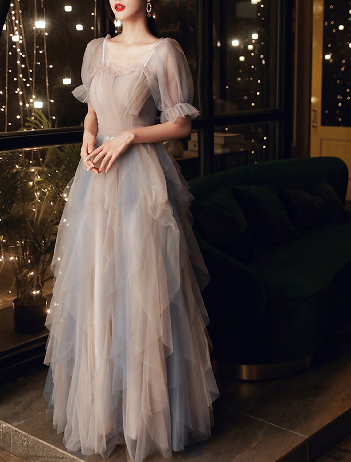 Wholesa A-Line Prom Dresses Color Block Dress Wedding Party Dress Birthday Floor Length Half Sleeve Scoop Neck Tulle with Pleats Ruffles