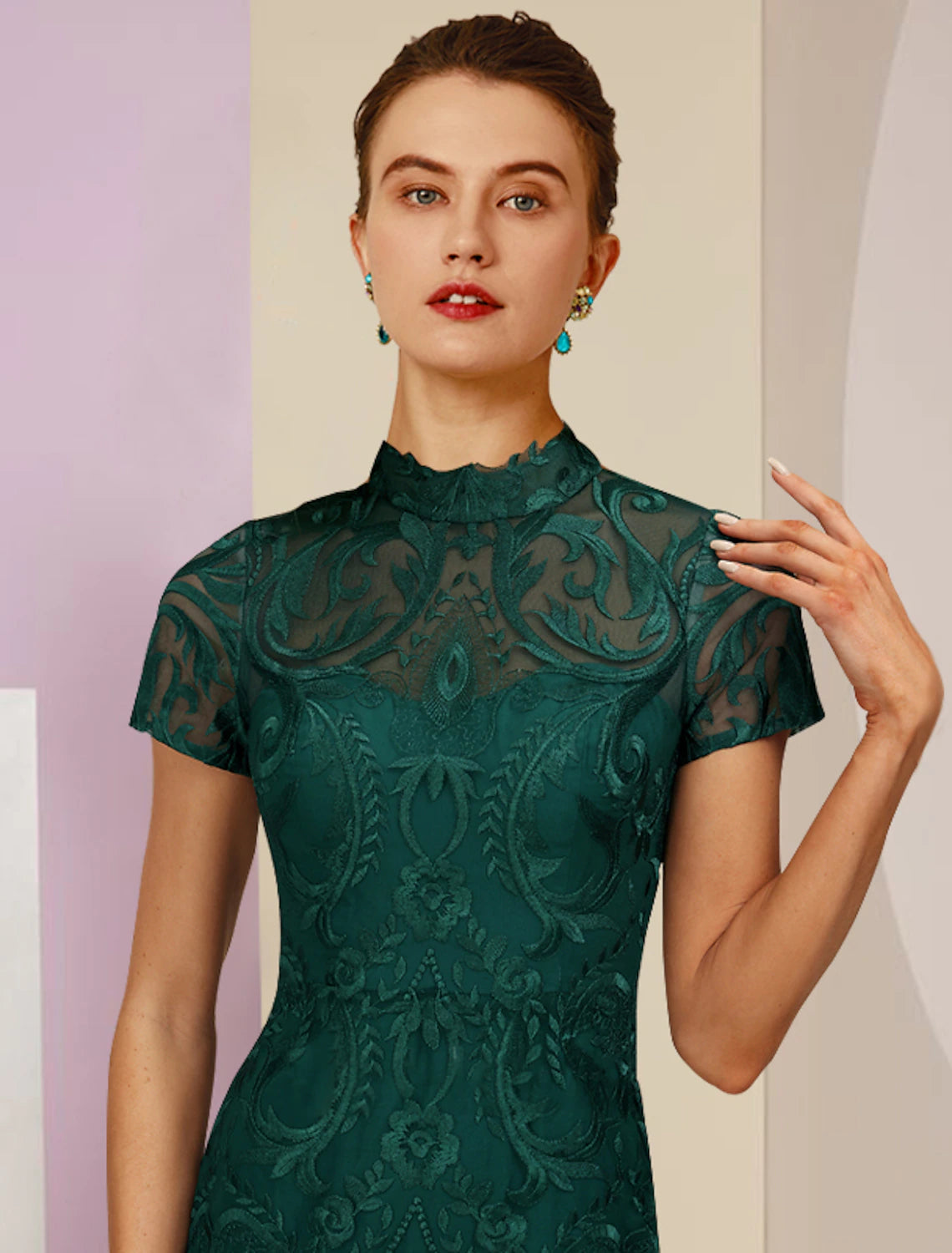 wholesale  Sheath / Column Mother of the Bride Dress Wedding Guest Elegant High Neck Tea Length Lace Short Sleeve with Appliques