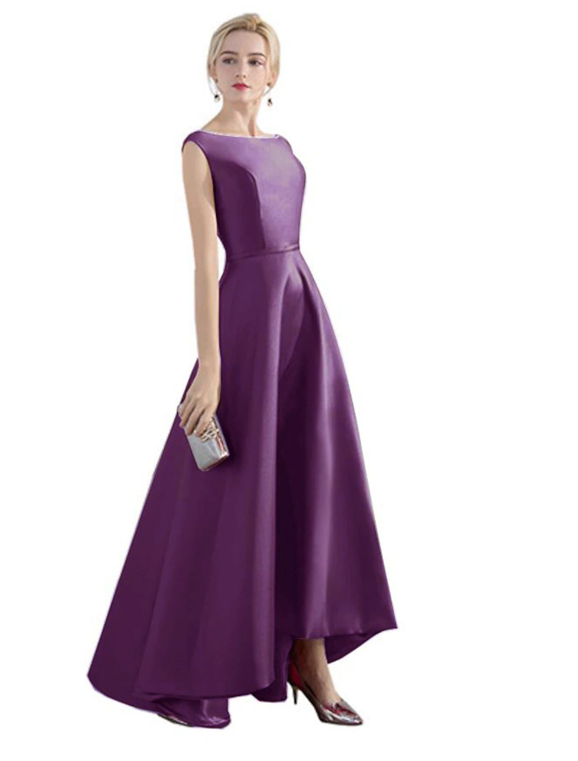 wholesa A-Line Evening Gown Minimalist Dress Party Wear Formal Evening Asymmetrical Sleeveless Jewel Neck Satin with Sleek