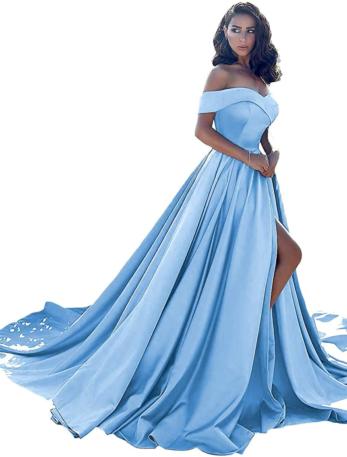 wholesa A-Line Minimalist Sexy Prom Formal Evening Dress Off Shoulder Sleeveless Chapel Train Satin with Split Front