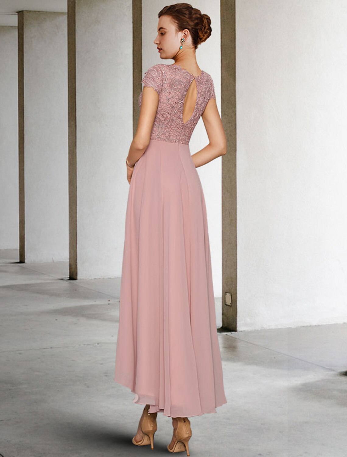 wholesale  A-Line Mother of the Bride Dress Elegant High Low Jewel Neck Asymmetrical Tea Length Chiffon Lace Cap Sleeve with Appliques Ruching