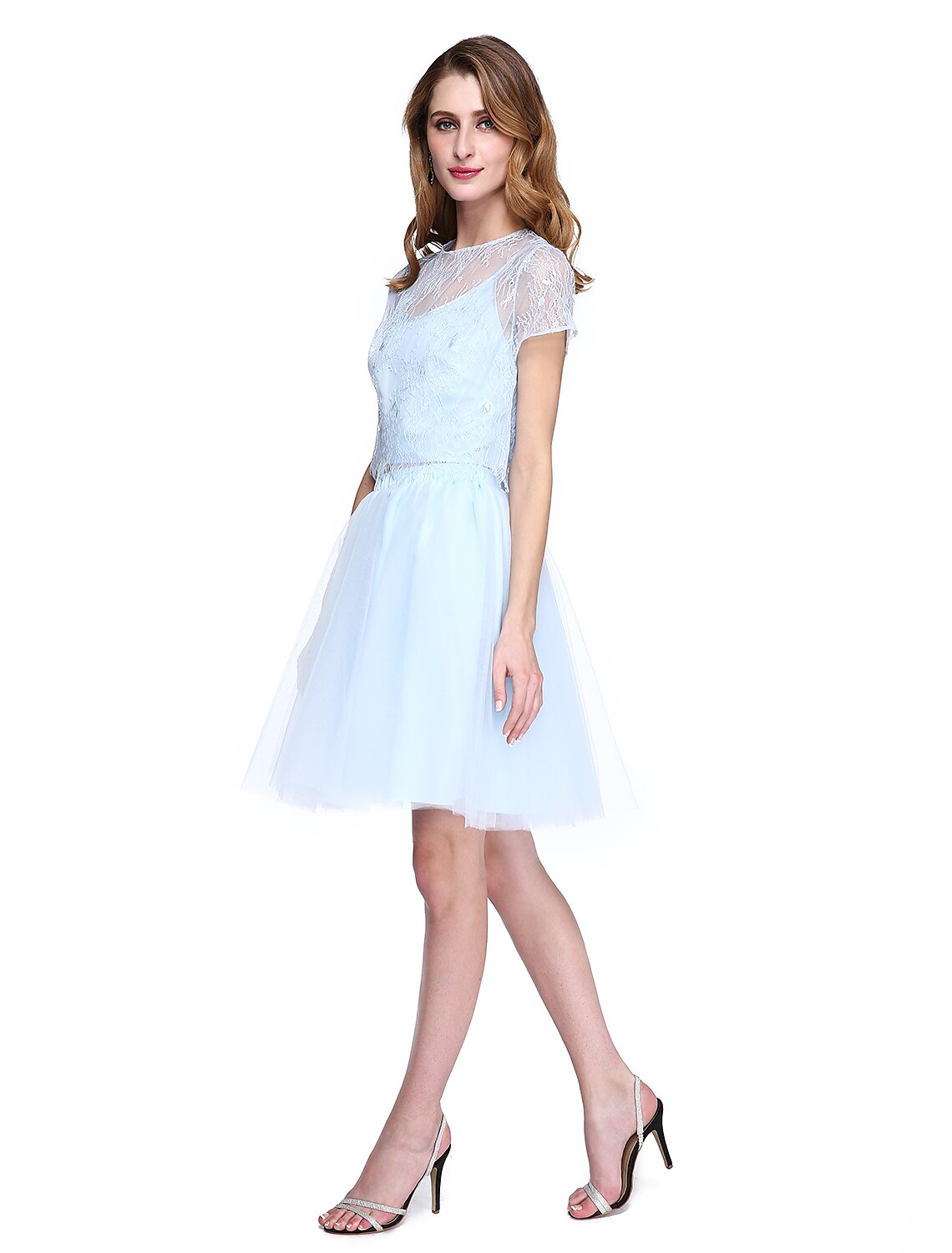 wholesale  A-Line Mother of the Bride Dress Two Piece Jewel Neck Knee Length Lace Tulle Short Sleeve No with Lace