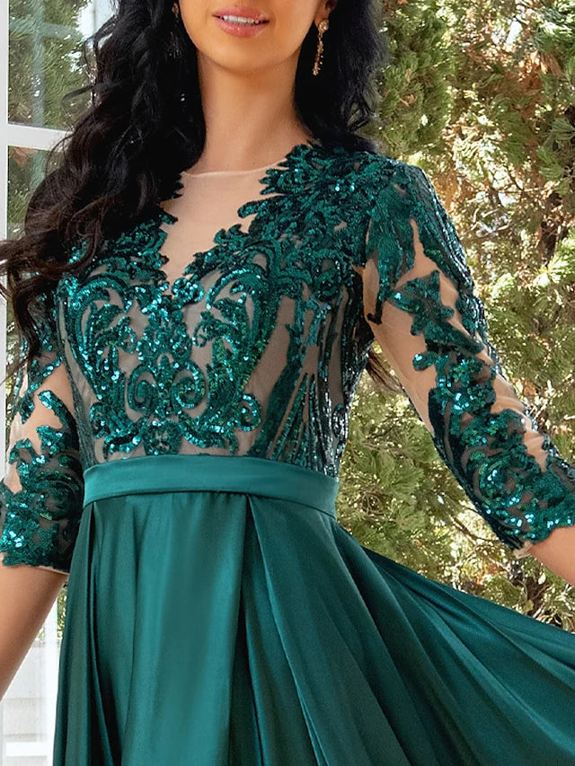 Wholesa A-Line Evening Gown Elegant Dress Wedding Party Floor Length Half Sleeve Illusion Neck Satin with Pleats Sequin Slit