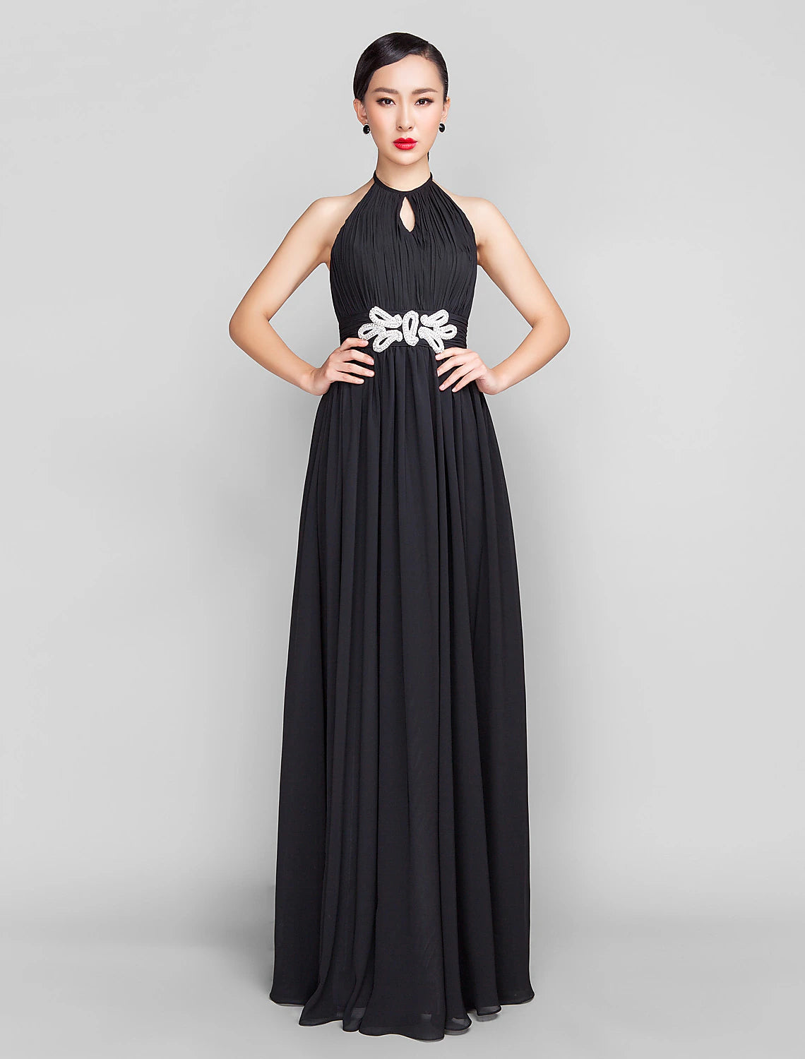 Wholesa A-Line Open Back Keyhole Formal Evening Wedding Party Military Ball Dress High Neck Sleeveless Floor Length Chiffon with Beading