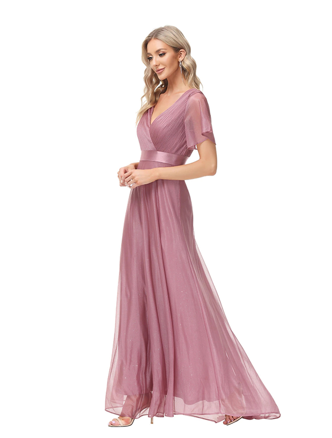 wholesale  A-Line Evening Gown Party Dress Empire Dress Wedding Guest Prom Floor Length Short Sleeve V Neck Bridesmaid Dress Tulle with Ruched Ruffles