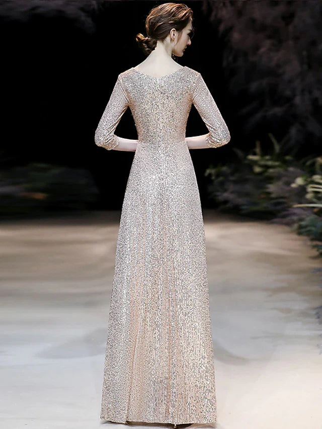 Wholesa A-Line Prom Dresses Sparkle Dress Engagement Floor Length 3/4 Length Sleeve V Neck Sequined with Pleats Sequin