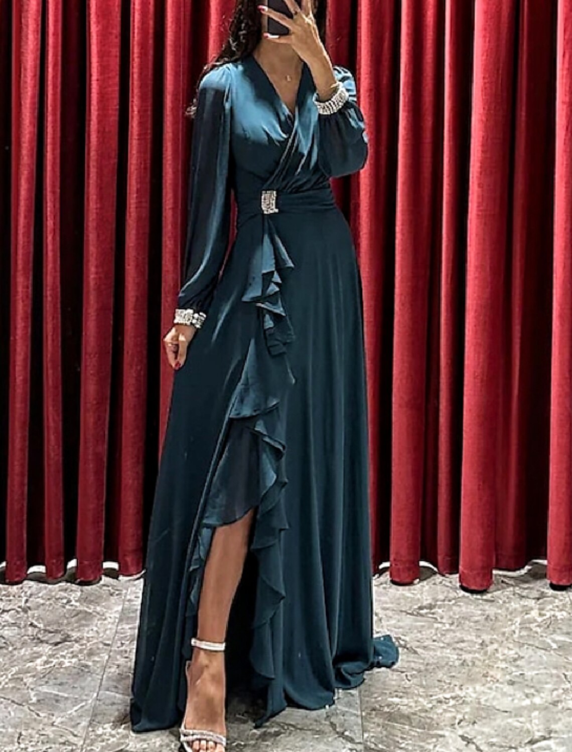 Wholesa A-Line Evening Gown High Split Dress Formal Fall Sweep / Brush Train Long Sleeve V Neck Stretch Fabric with Pleats Crystals Ruffles