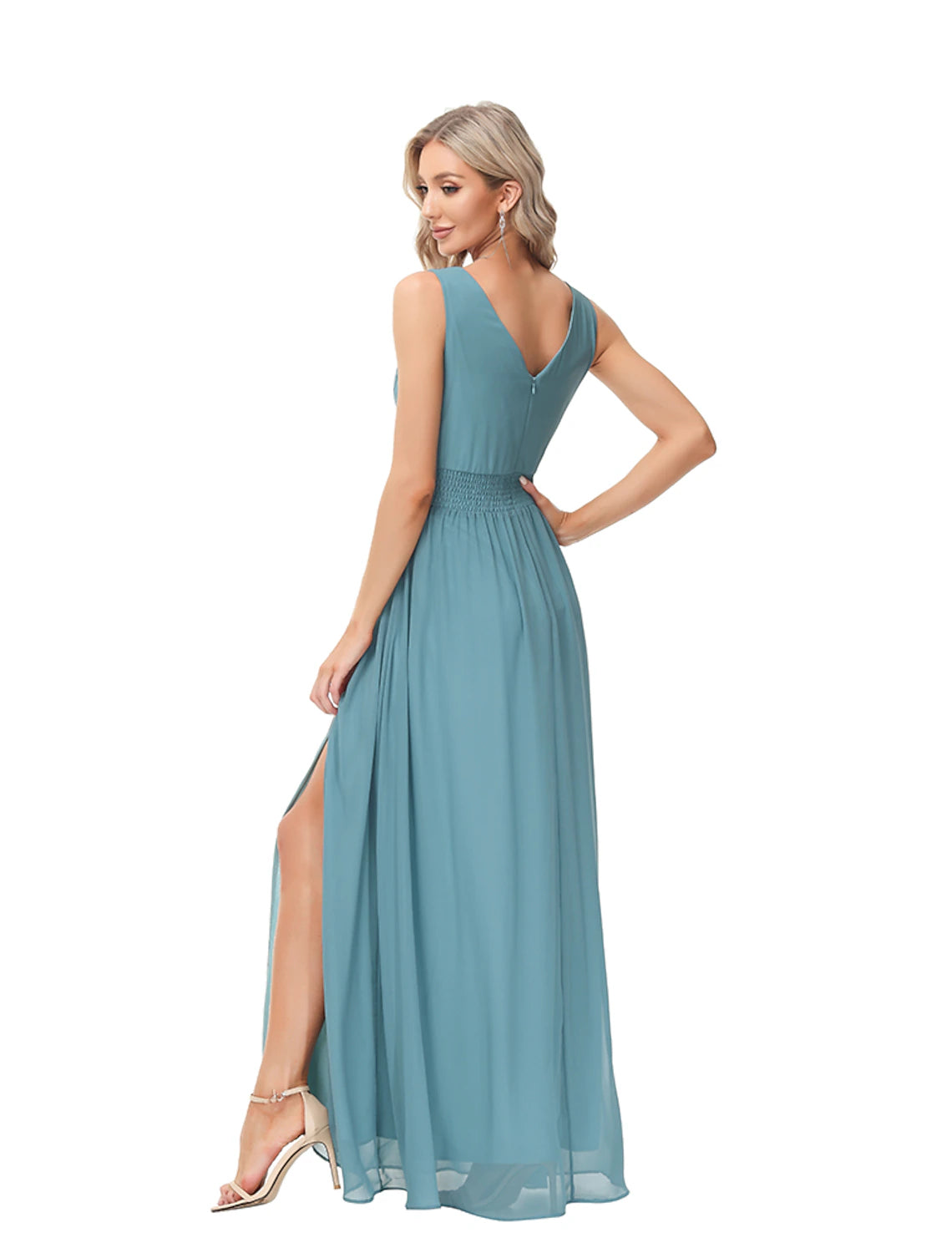 wholesale  A-Line Evening Gown Empire Dress Party Wear Wedding Guest Floor Length Sleeveless V Neck Bridesmaid Dress Chiffon V Back with Slit