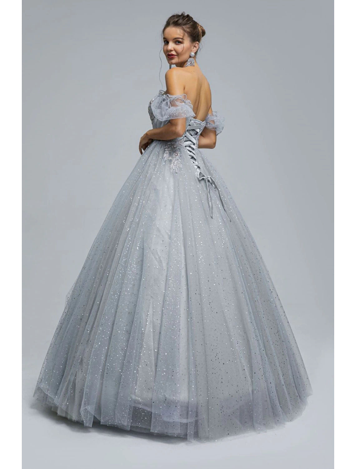 Wholesa Ball Gown Prom Dresses Princess Dress Graduation Quinceanera Floor Length Short Sleeve Sweetheart Tulle with Sequin Appliques