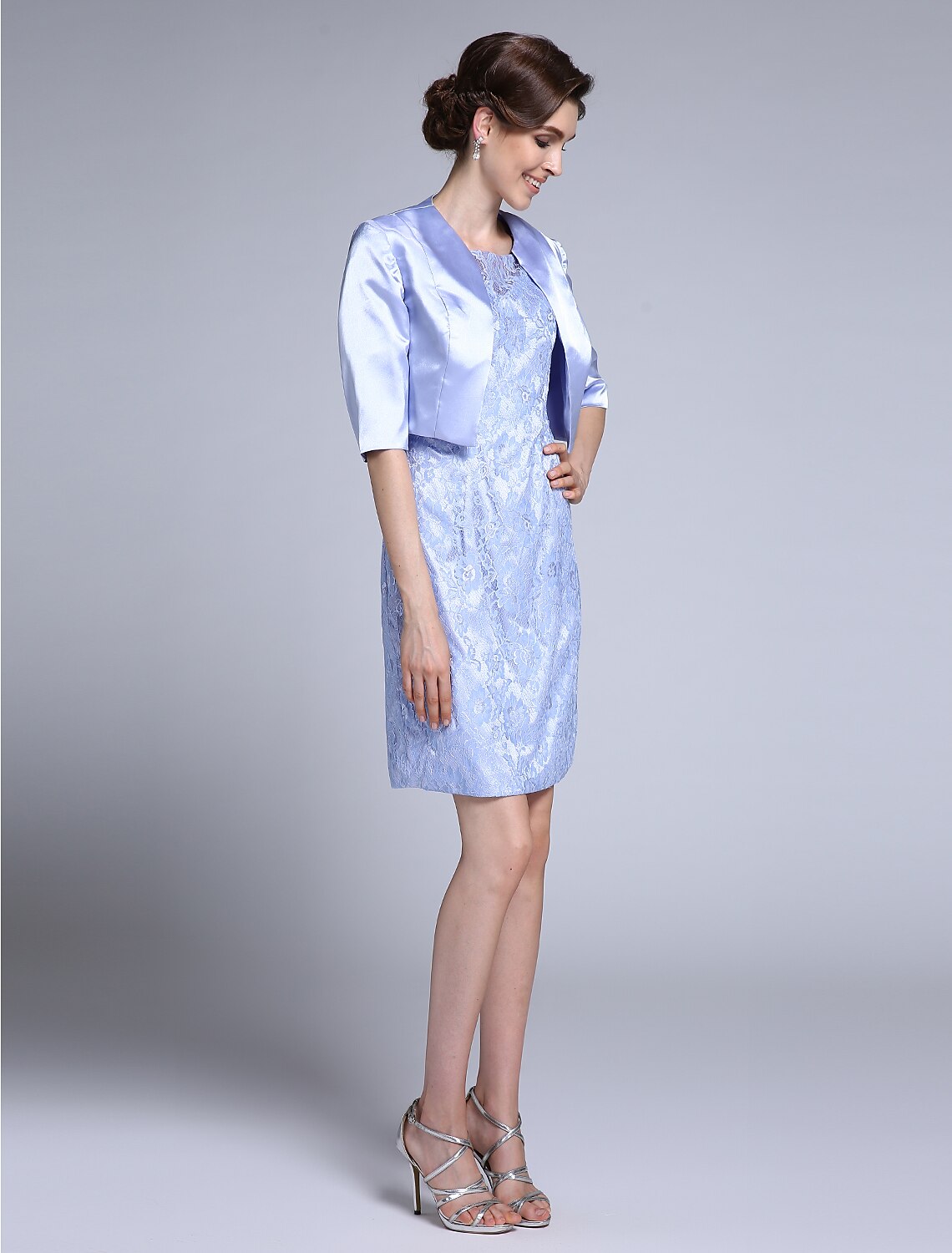 wholesale  Sheath / Column Mother of the Bride Dress Convertible Dress Scoop Neck Knee Length Satin Lace Half Sleeve No with Lace