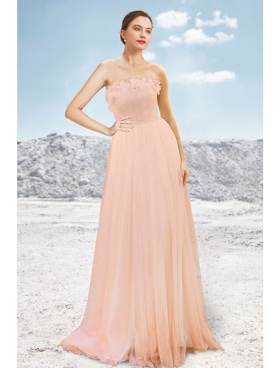 Wholesa A-Line Evening Gown Elegant Dress Formal Wedding Party Sweep / Brush Train Sleeveless Strapless Tulle with Pleats