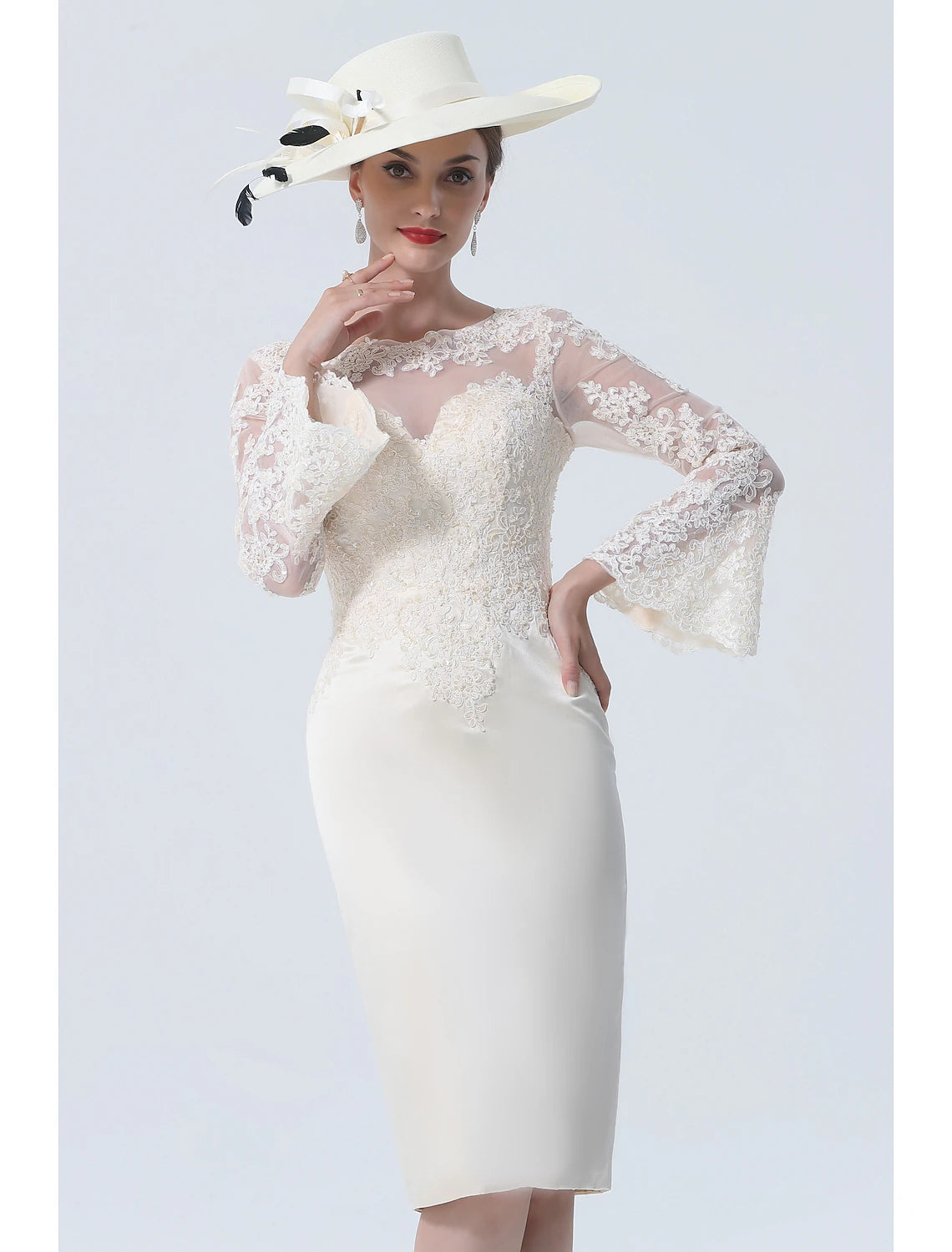 wholesale  Sheath / Column Mother of the Bride Dress Vintage Plus Size Elegant Jewel Neck Knee Length Satin Lace Long Sleeve with Lace