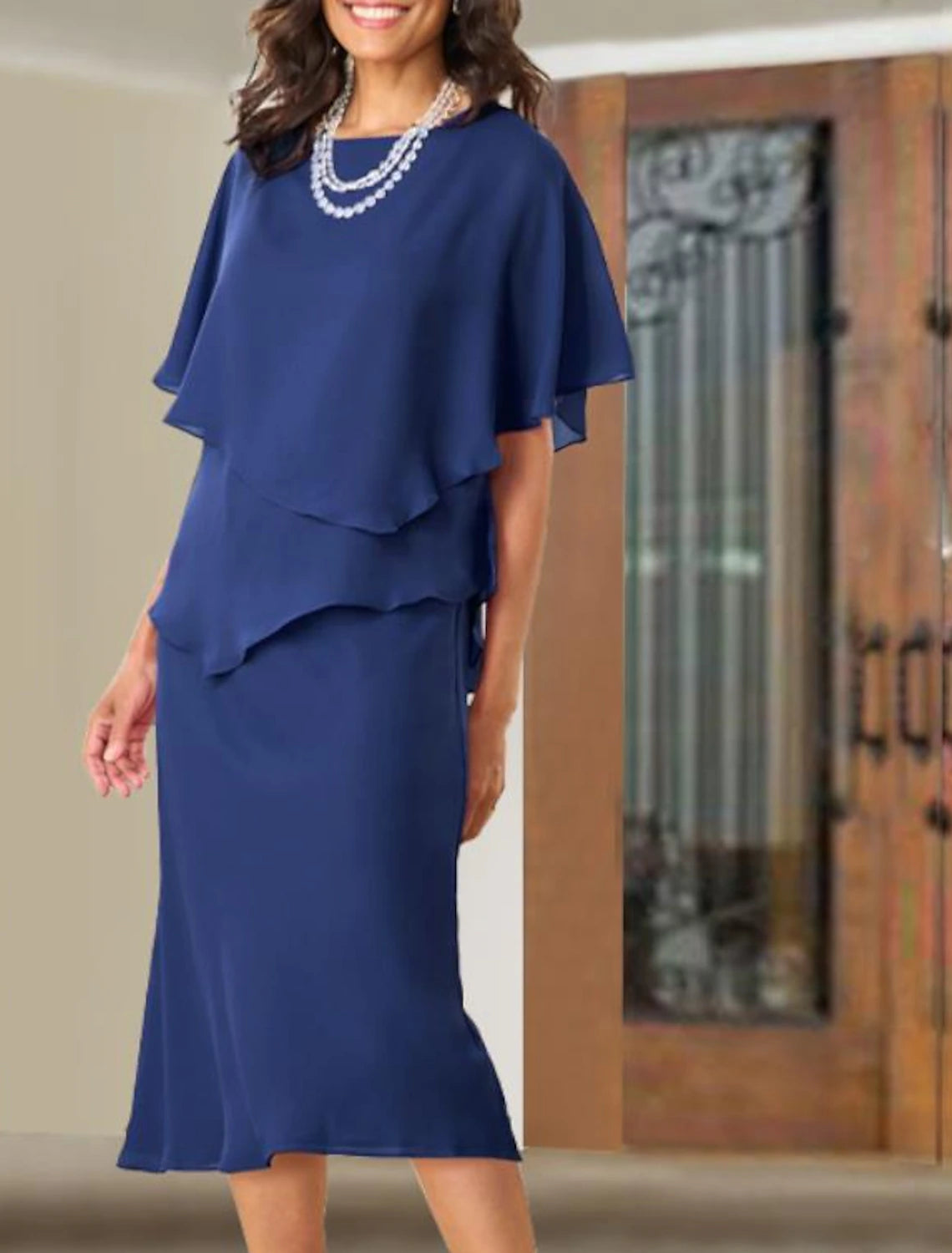 Wholesa A-Line Mother of the Bride Dress Wedding Guest Elegant Plus Size Jewel Neck Tea Length Chiffon Short Sleeve with Ruffles