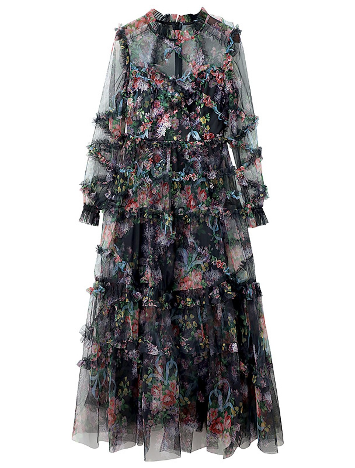 Wholesa A-Line Prom Dresses Floral Dress Wedding Guest Engagement Ankle Length Long Sleeve Jewel Neck Polyester with Ruffles Pattern / Print