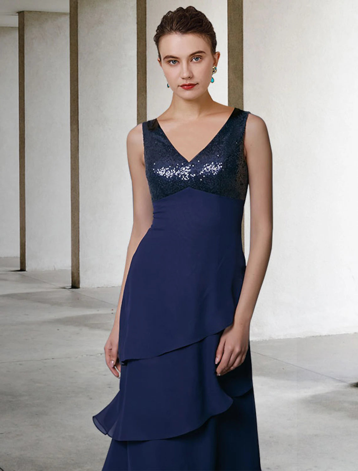 wholesale  A-Line Mother of the Bride Dress Elegant V Neck Floor Length Chiffon Sequined Sleeveless Wrap Included with Sequin Ruffles