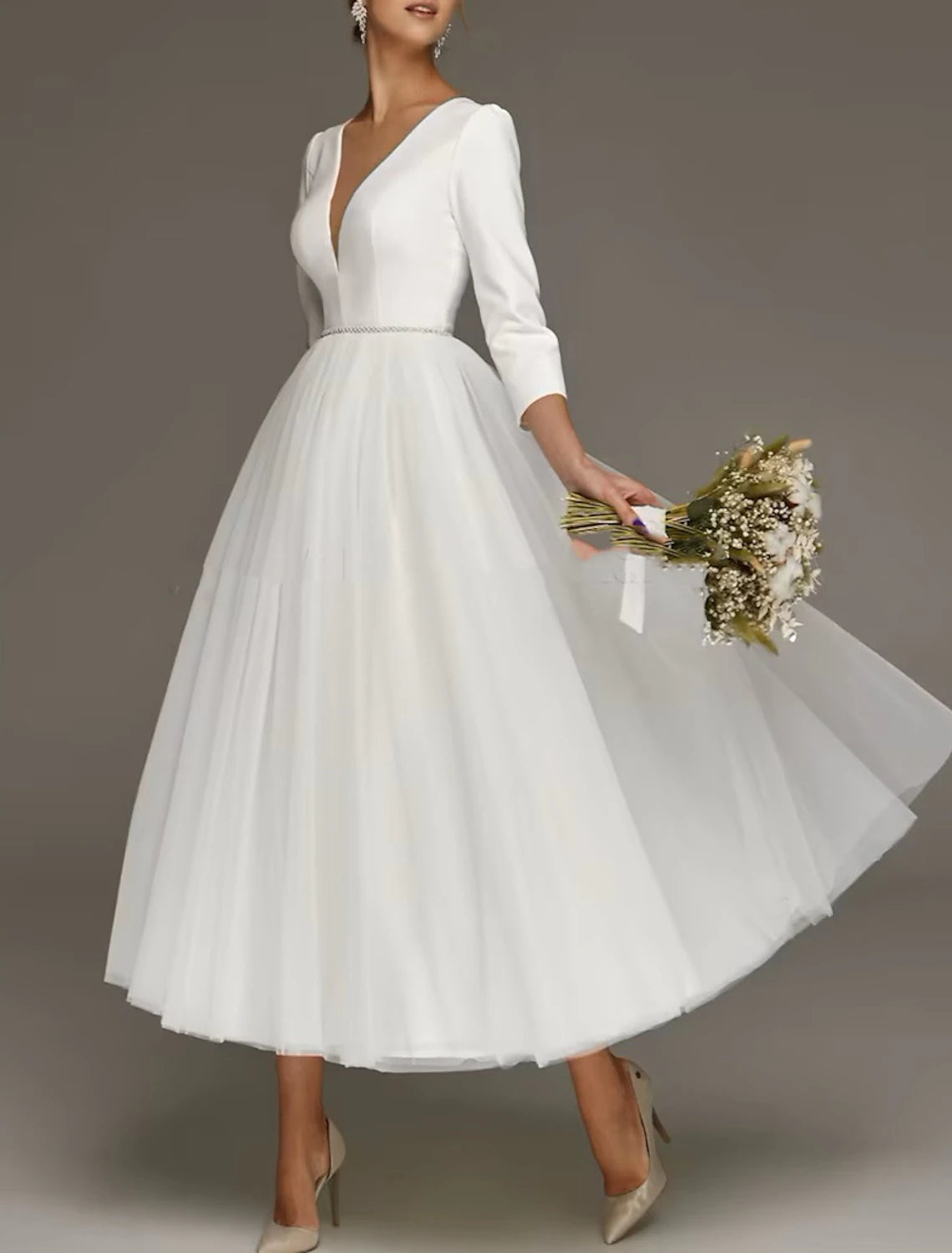 Wholesa  Bridal Shower Simple Wedding Dresses Wedding Dresses A-Line Off Shoulder Cap Sleeve Tea Length Chiffon Bridal Gowns With Ruched Split Front