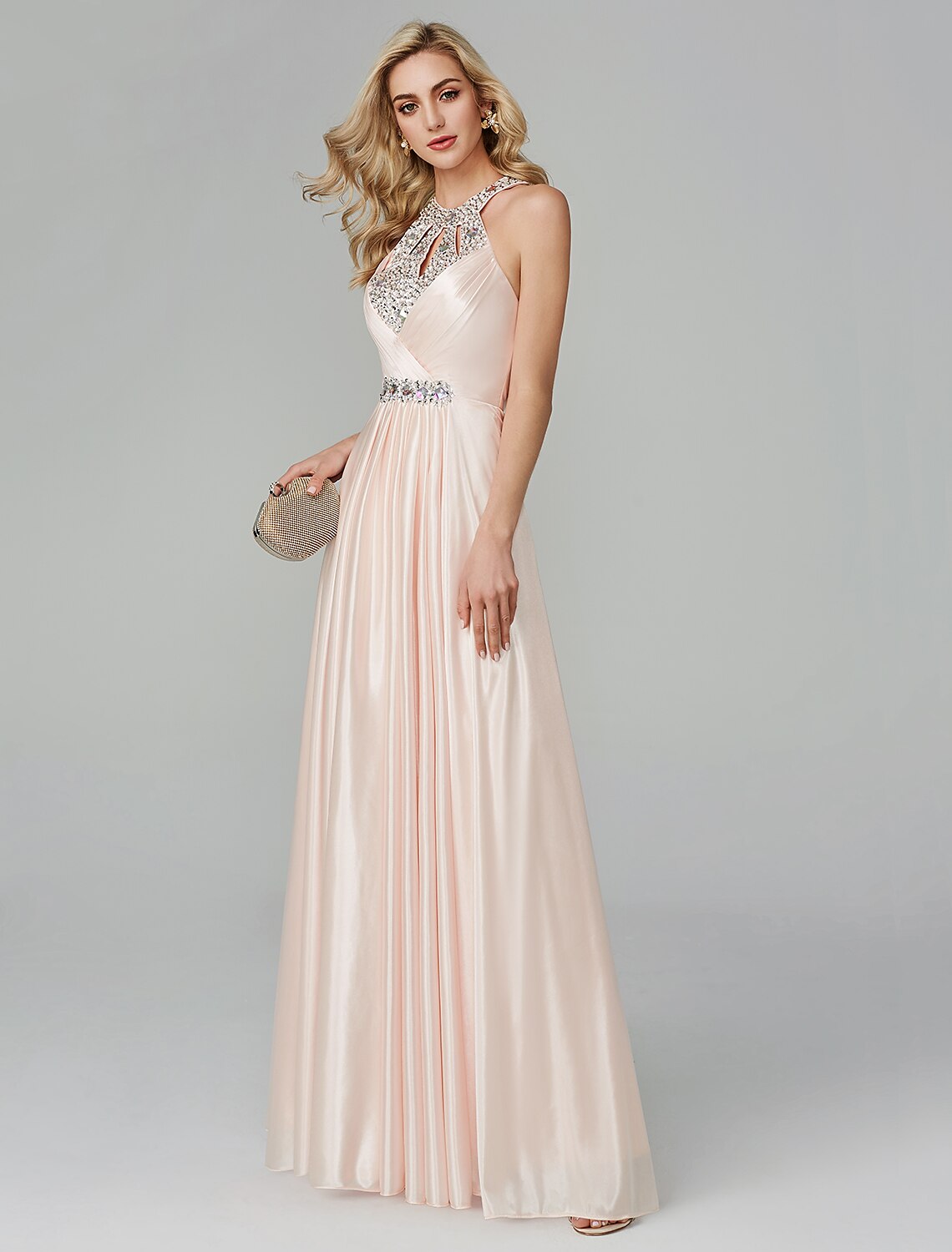 wholesale  A-Line Black Dress Party Wear Wedding Guest Floor Length Sleeveless Halter Neck Silk Backless with Crystals Sequin