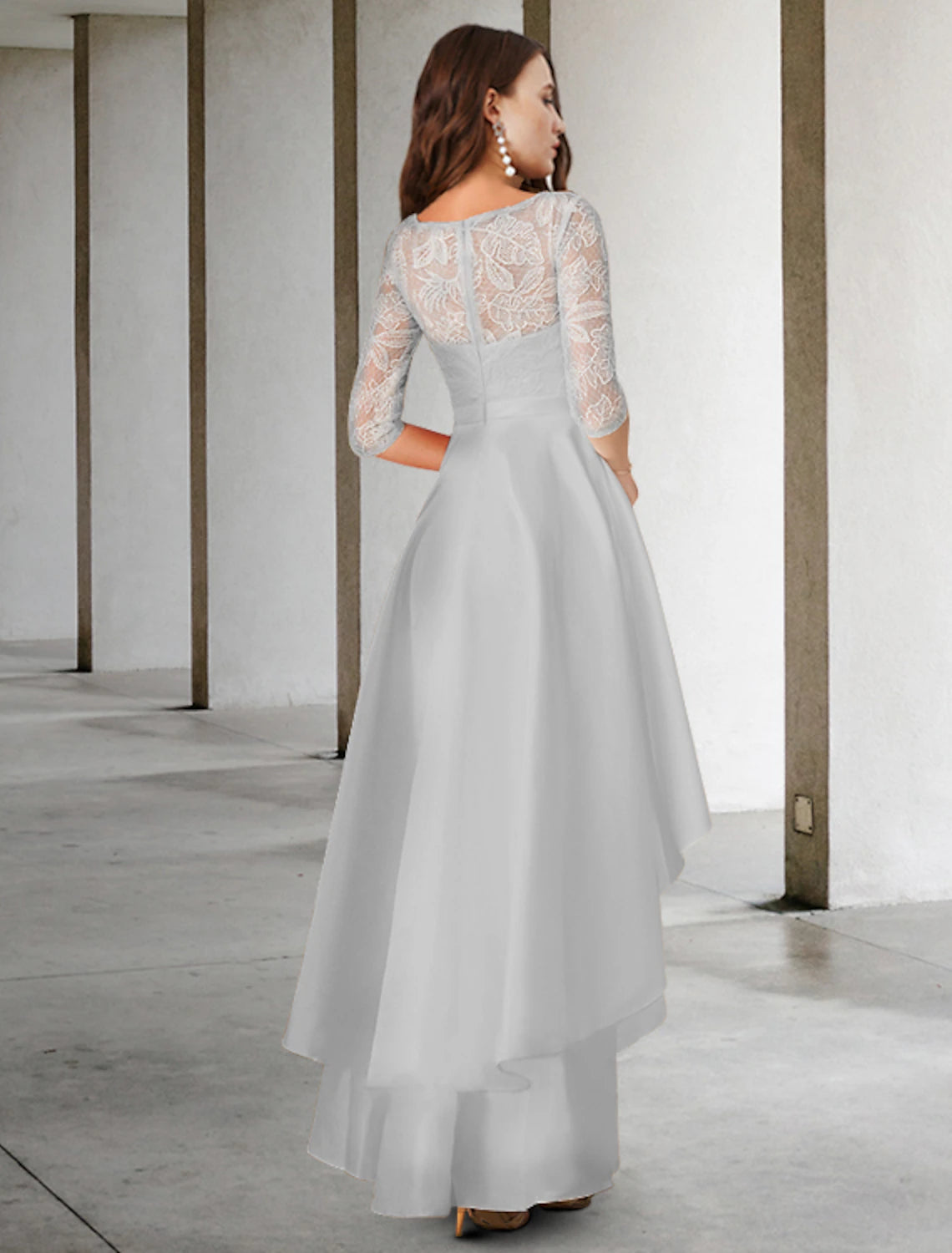 wholesale  A-Line Mother of the Bride Dress Elegant High Low Jewel Neck Asymmetrical Chiffon Lace Half Sleeve with Appliques Cascading Ruffles