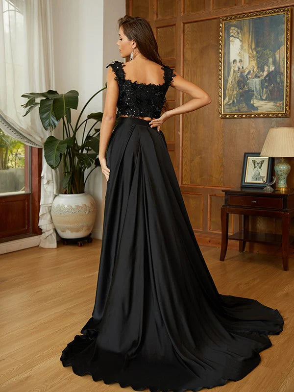 Wholesa A-Line Princess Woven Satin Applique Off-the-Shoulder Sleeveless Two Piece Dresses